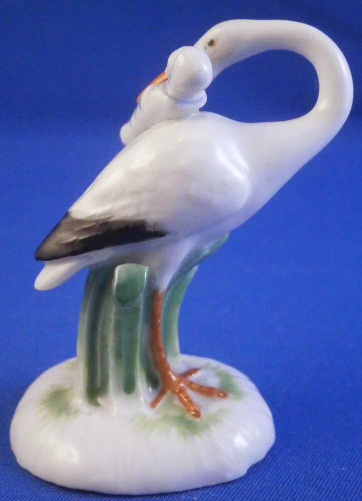 Antique 19tC Meissen Porcelain Miniature Stork w/ Baby Figurine Porzellan Figure