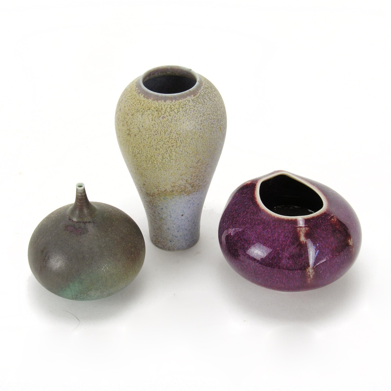 Mark Bell studio pottery 3 miniature vases mid century modern ceramics Maine