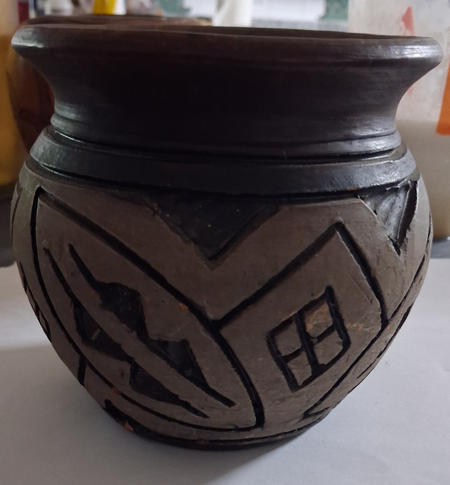 Brazil Handmade Carved Clay Art Pottery Vase, Brown & Black Geometric Decor