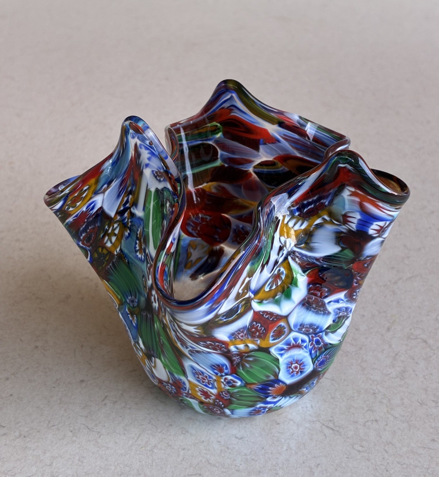 Murano Venice Italy Hand Blown Glass Millefiori Handkerchief Vase Multicolor 4”
