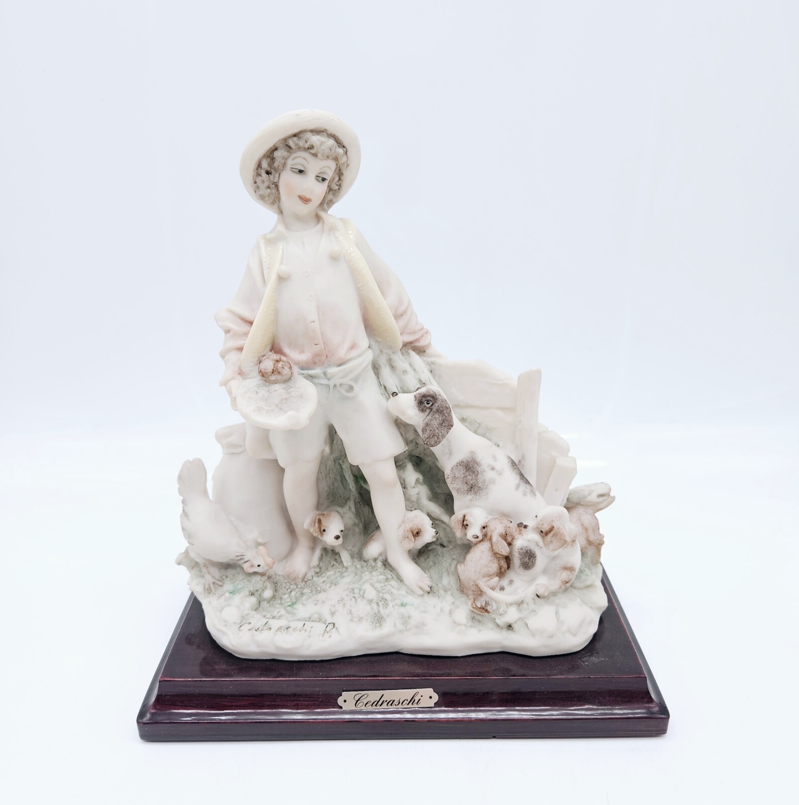 Cedraschi Capodimonte Boy with Puppies 8″ Figurine 1986 Florence Italy