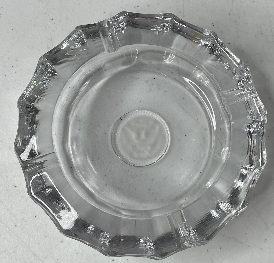 Vintage Fostoria Glass Ashtray 1887 Eagle Coin Center Heavy Clear Cigarette 5.5″