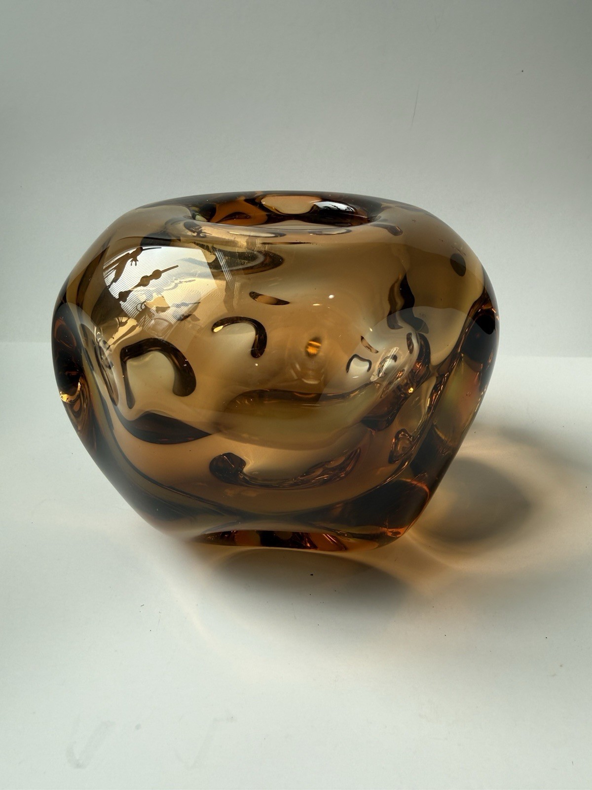VTG • Jan Beranek Skrdlovice Czech • Art Glass • MCM Dimpled Amber Vase • 4 1/4”