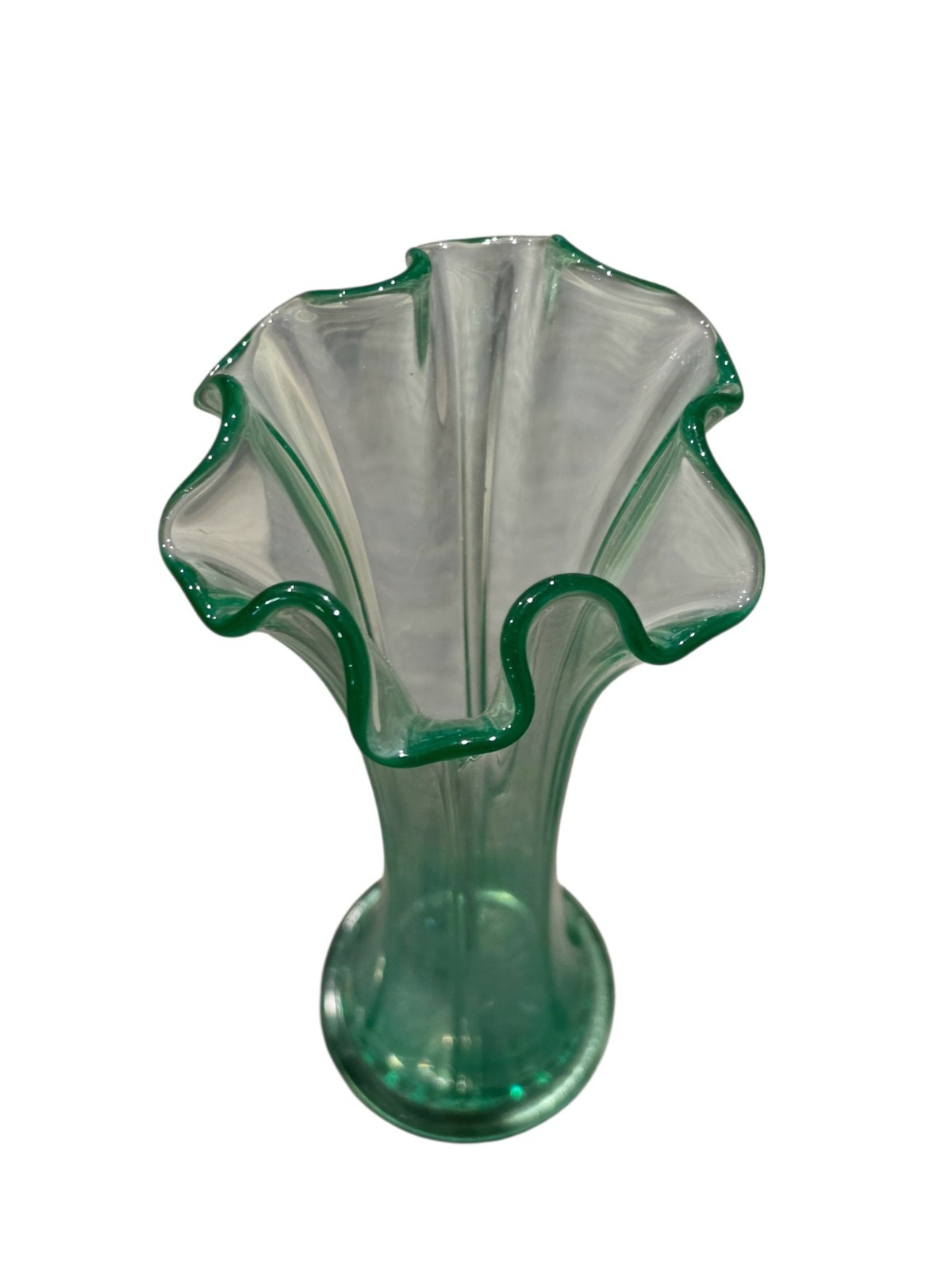 Vintage Uranium Glass Swung Bud Vase Fine Rib 11” Tall Vaseline Glass MCM Glows