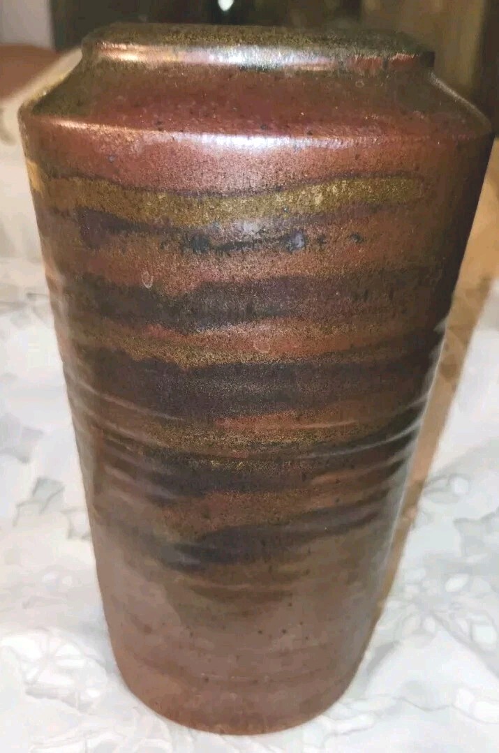 VTG.HANDTHROW VASE STONEWARE POTTERYRUSTIC ABSTRACT PATTERN 8″ H× 5″W SIGNED
