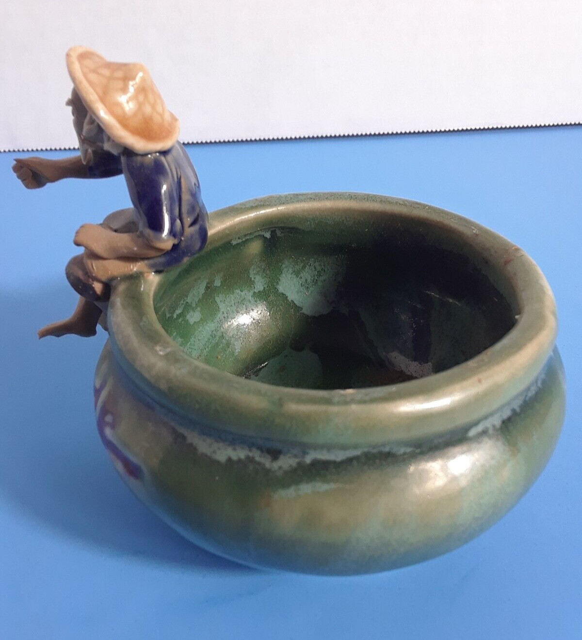 Vintage Chinese Mudman on Side of Round 3.25 in Glazed Pot Trinket Dish