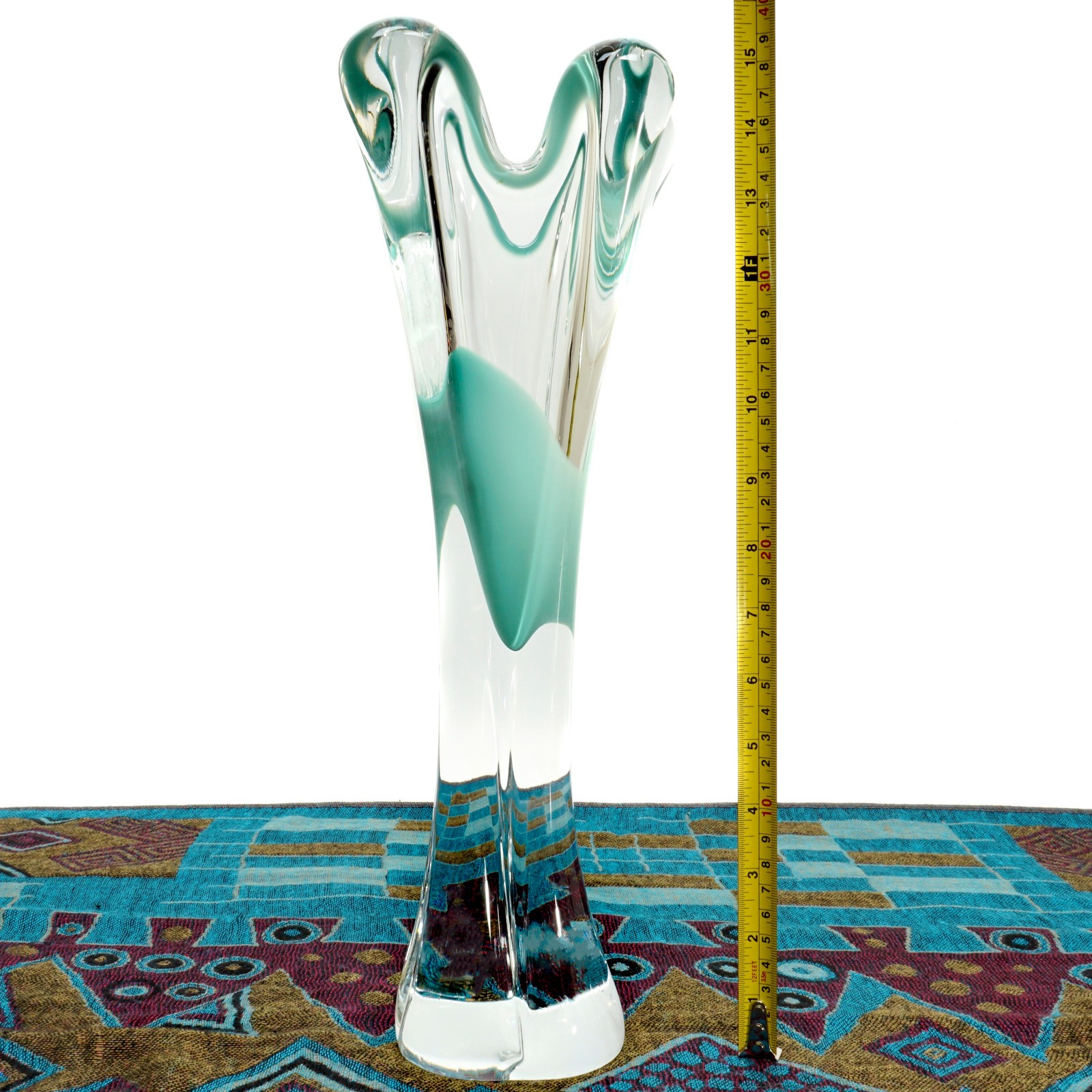 Art Glass Vase Four Lobed Seafoam Green Handblown Czech Glass 15″, 5 1/2 Pounds