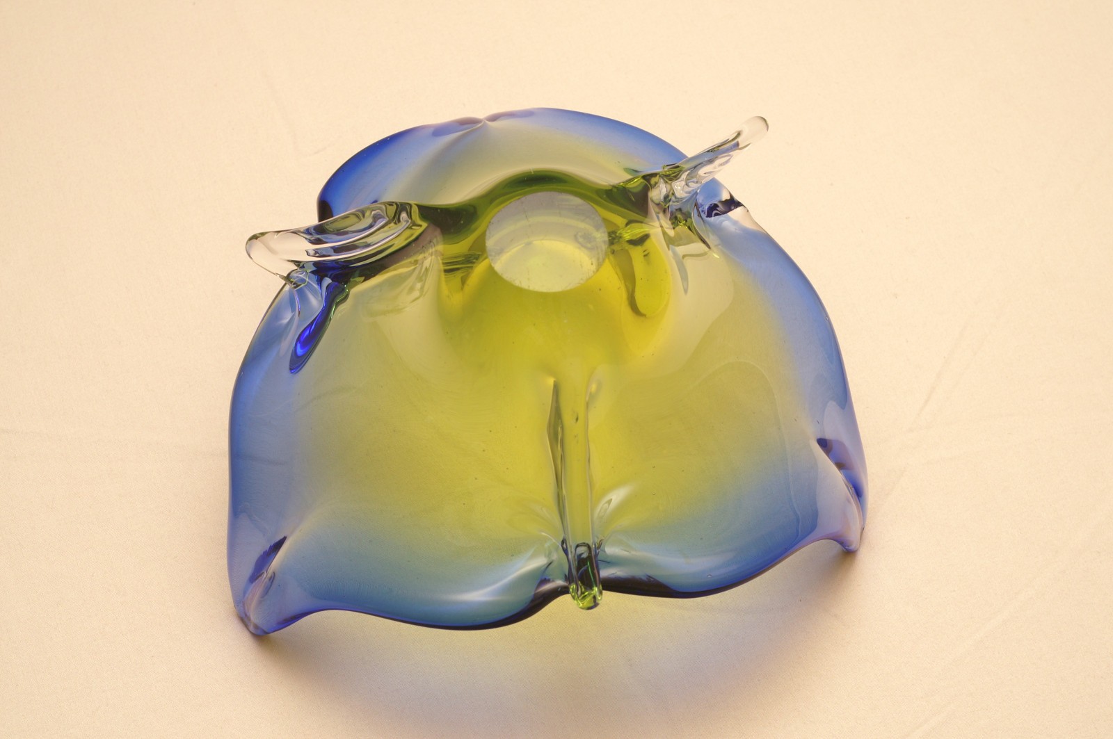 Chribska Glassworks Bohemian Uranium Green Blue Triangle Flower Bowl UV Glow