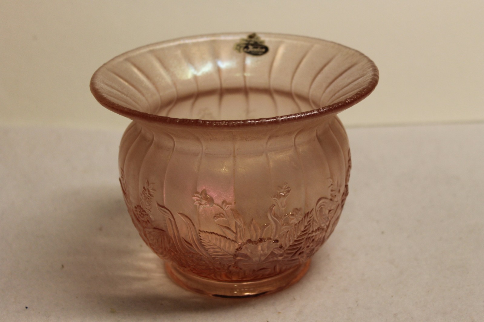 VINTAGE FENTON ART GLASS IRIDESCENT PINK BOWL VASE EMBOSSED FLOWERS
