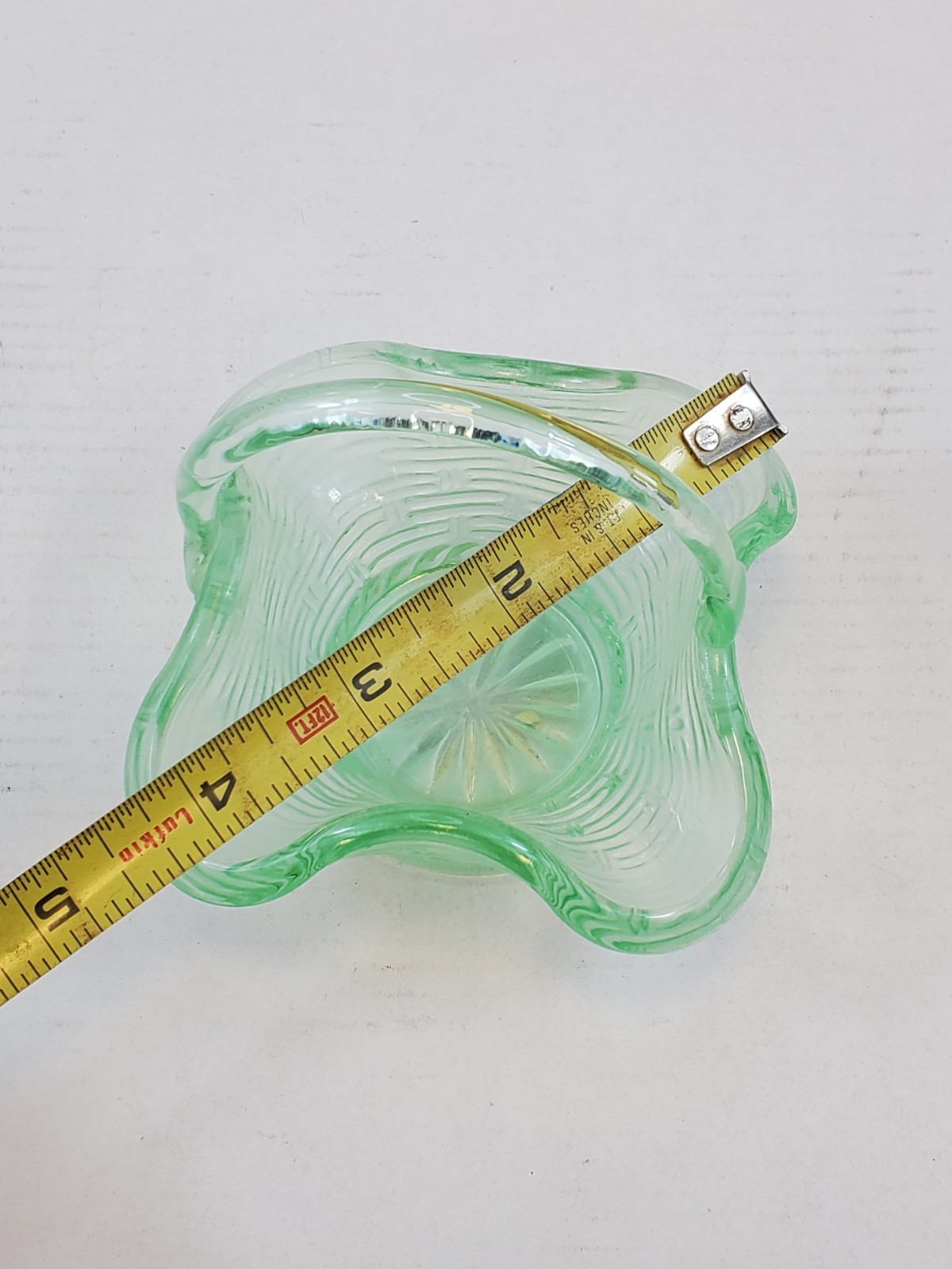 Vintage Small Green Depression Glass Basket w/ Applied Handle Basket Weave Look