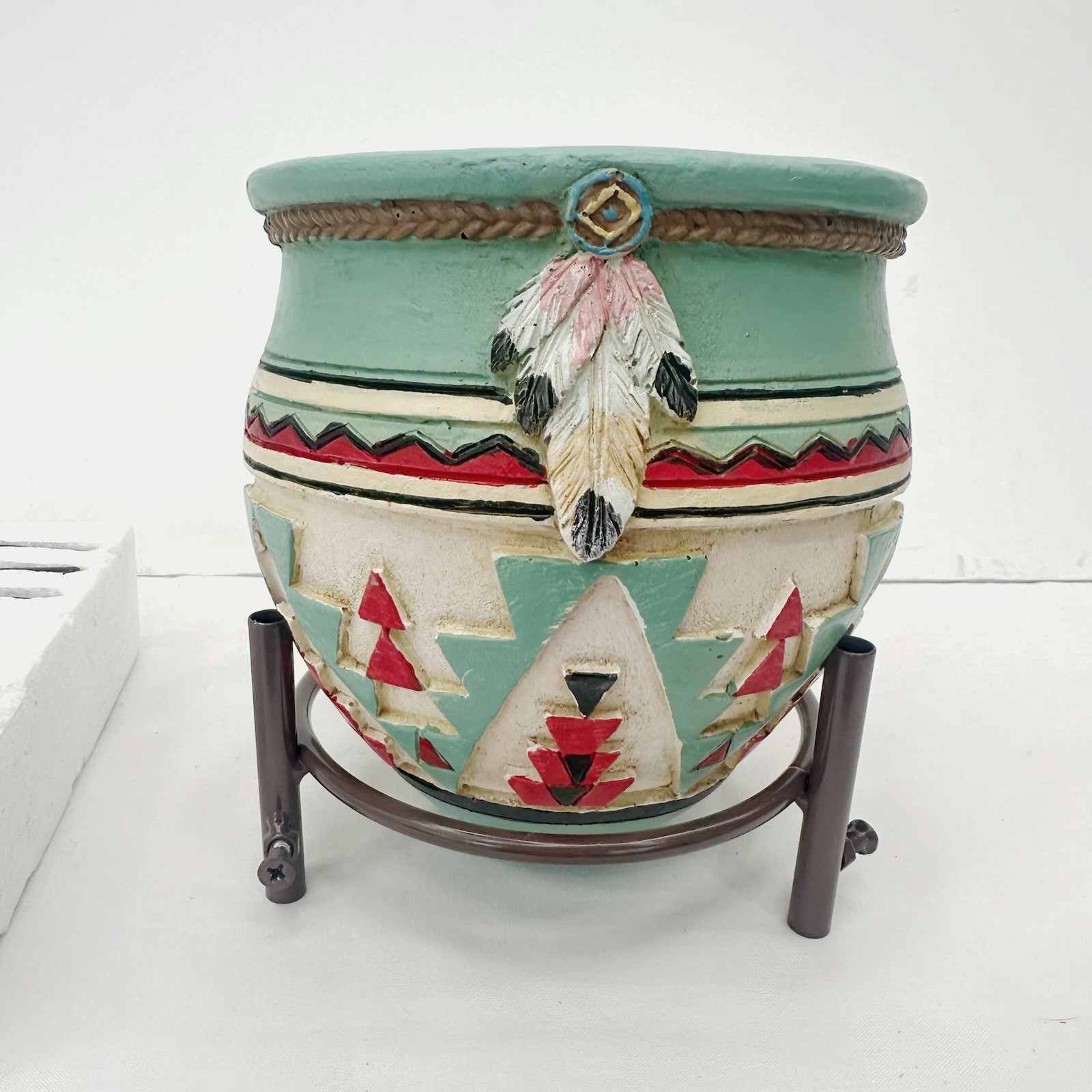 Art Pottery Planter Aztech Red Turquoise Native American 10″ Tall On Stand
