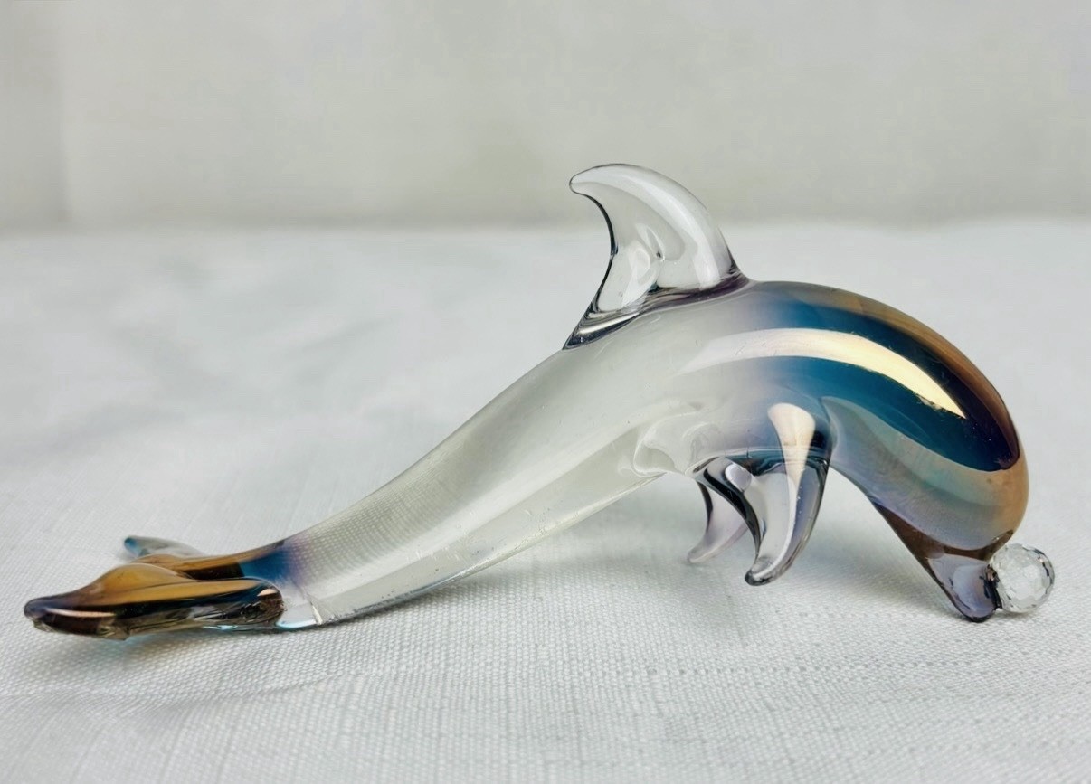Ron Ray Signed Glass Dolphin Vintage Figurine Paperweight 24k Gold Leaf Prism