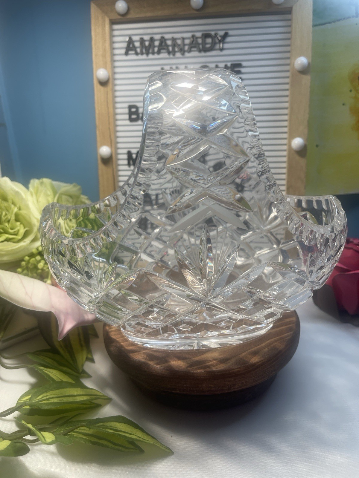 Vintage Polish Lead Crystal Basket Bowl Vase Starburst Cut 6.75” Clear Crystal
