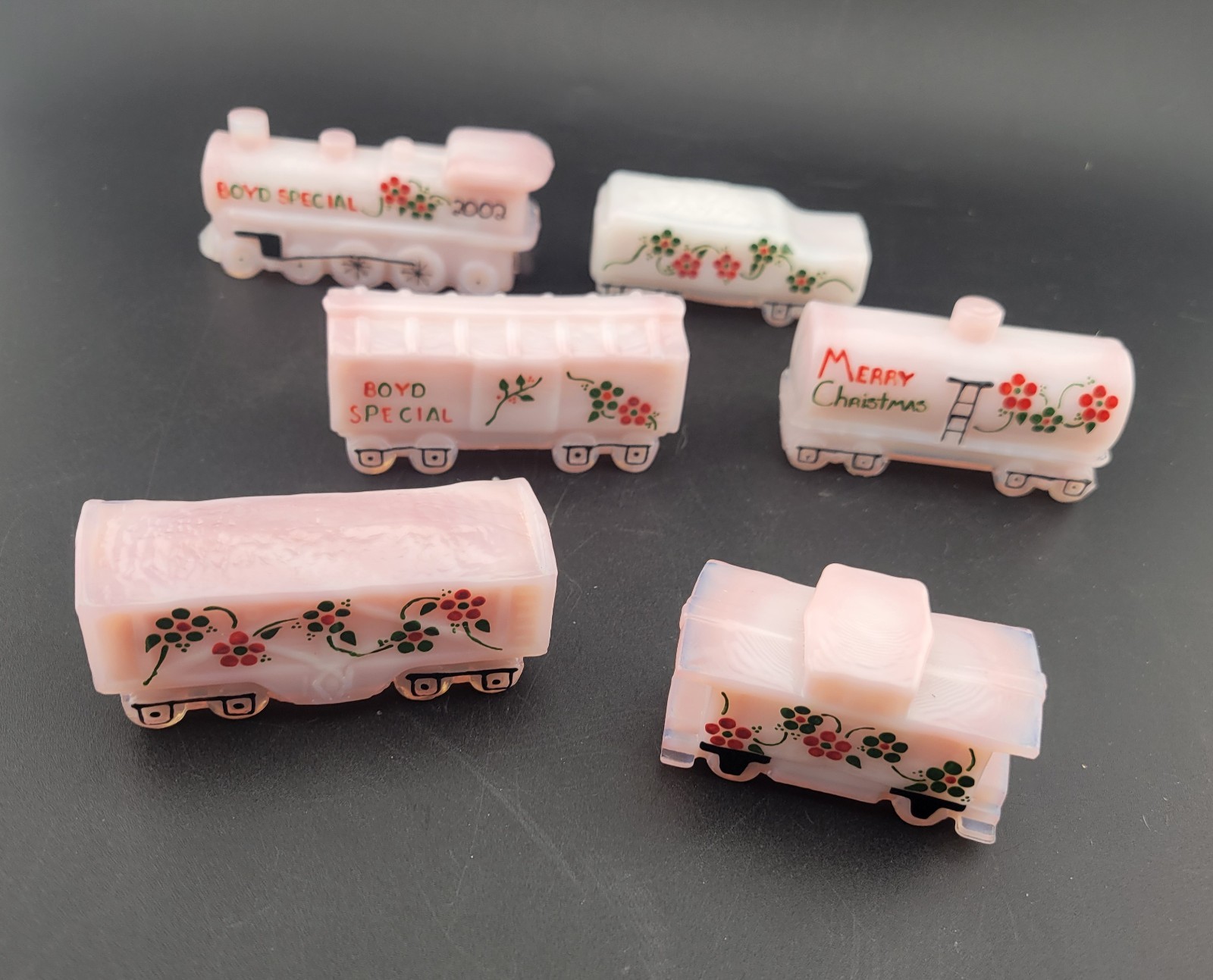 Boyds Special Opaque Pink Glass Christmas Train Handpainted Numbered In Box