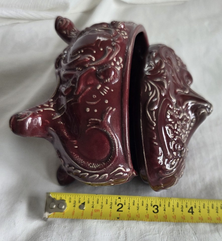 Vtg Brown White Ceramic Footed Trinket Jewelry Box Ornate Floral Lidded Signed