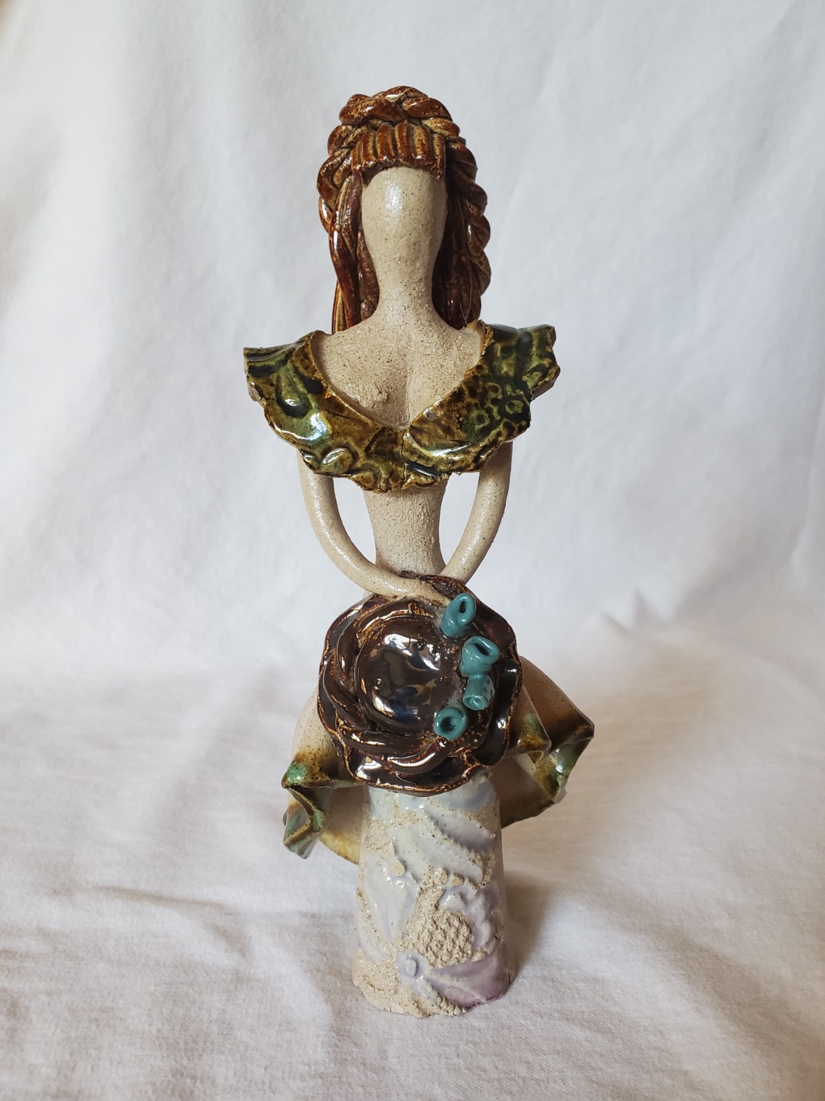 Spaghetti Hair Clay Art Pottery 9.5 Inches Tall Sculpture Woman Holding Hat