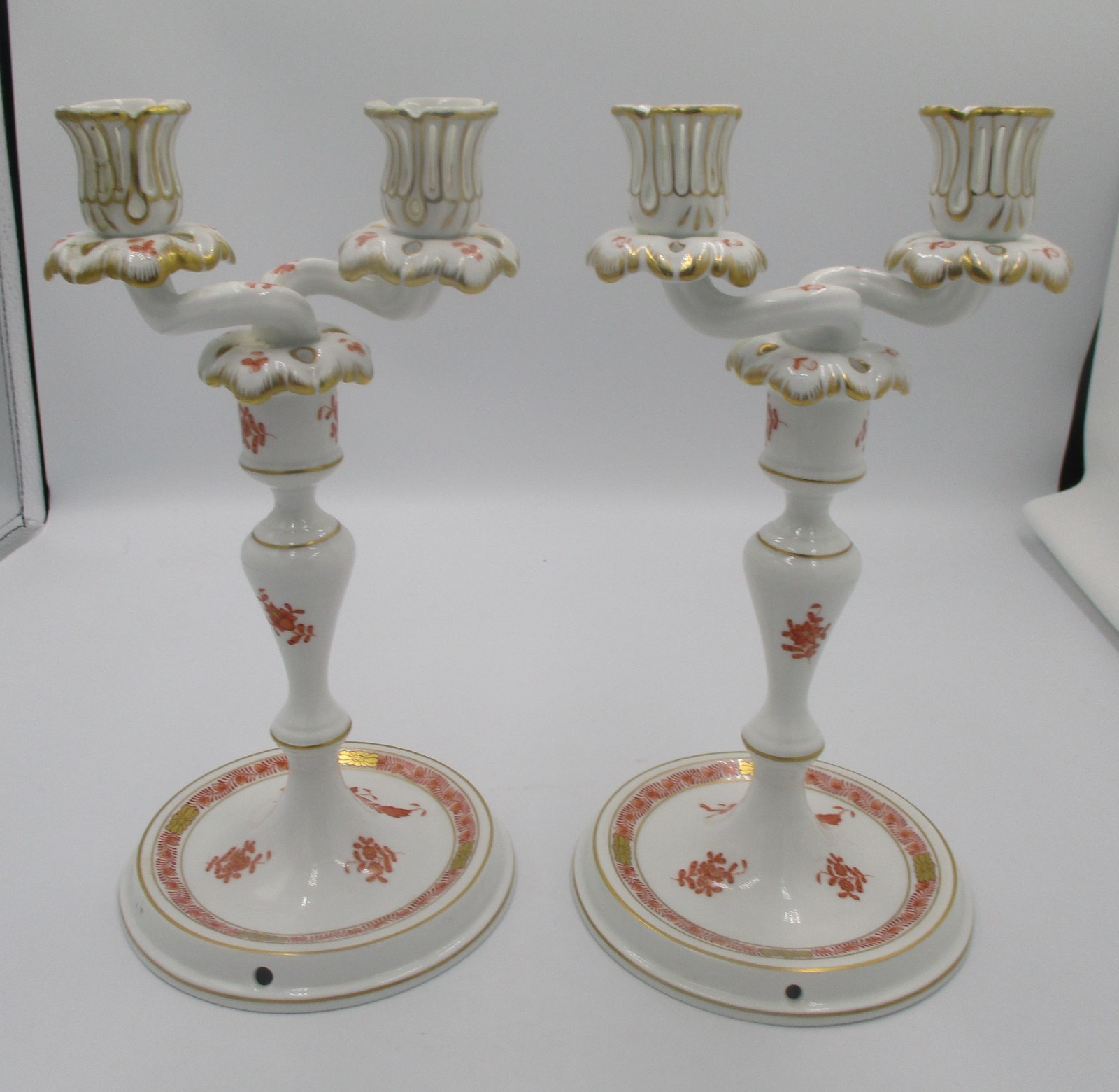 Pair Herend Chinese Bouquet Rust Candlesticks with Two Different Arm Styles