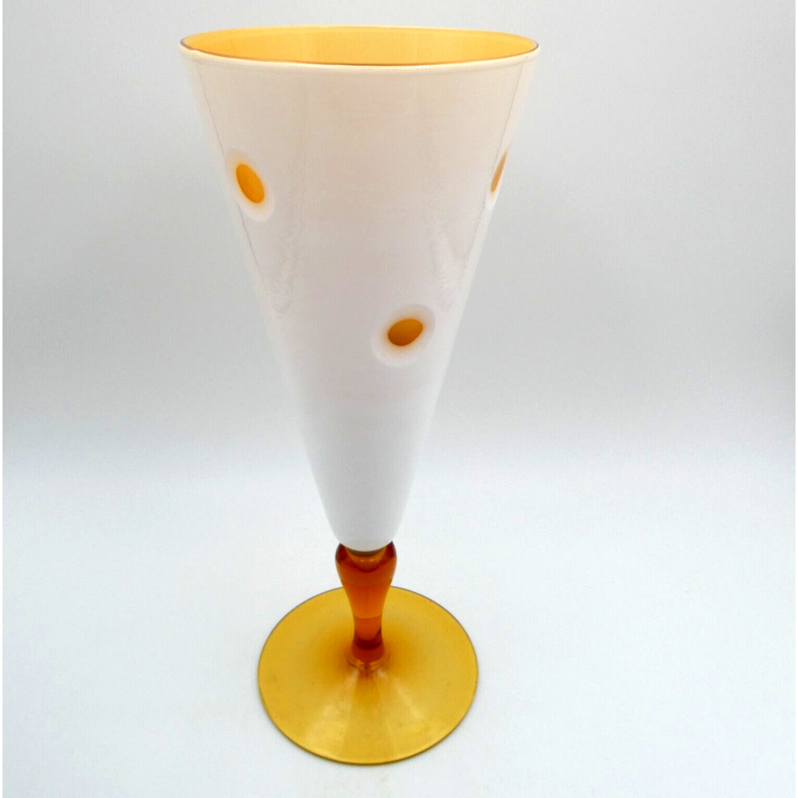 Art Glass White Cut to Amber Polka Dot Tall Vase 12 inch hand Blown Vintage MCM