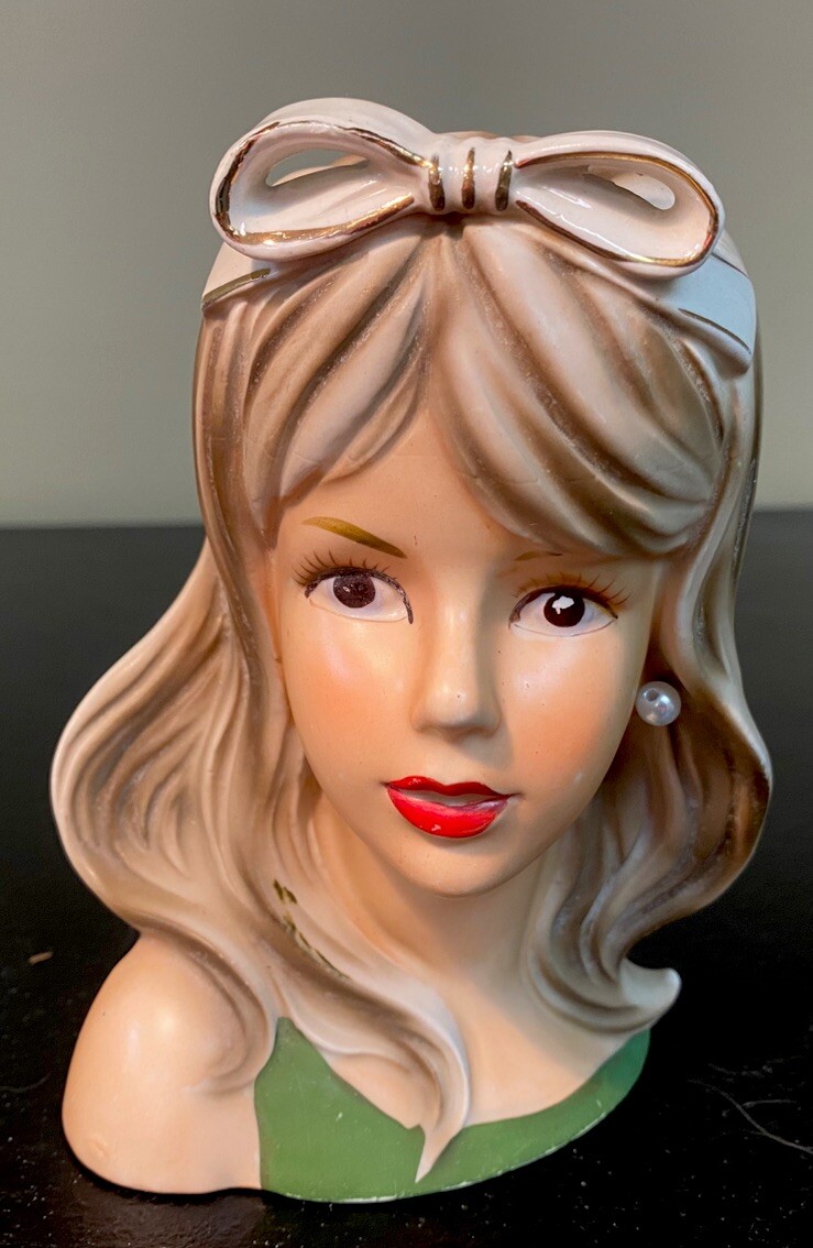 Vtg RELPO Lady Teen Head Vase K1838 Bow in Hair Pearl Earring Green Sleeveless