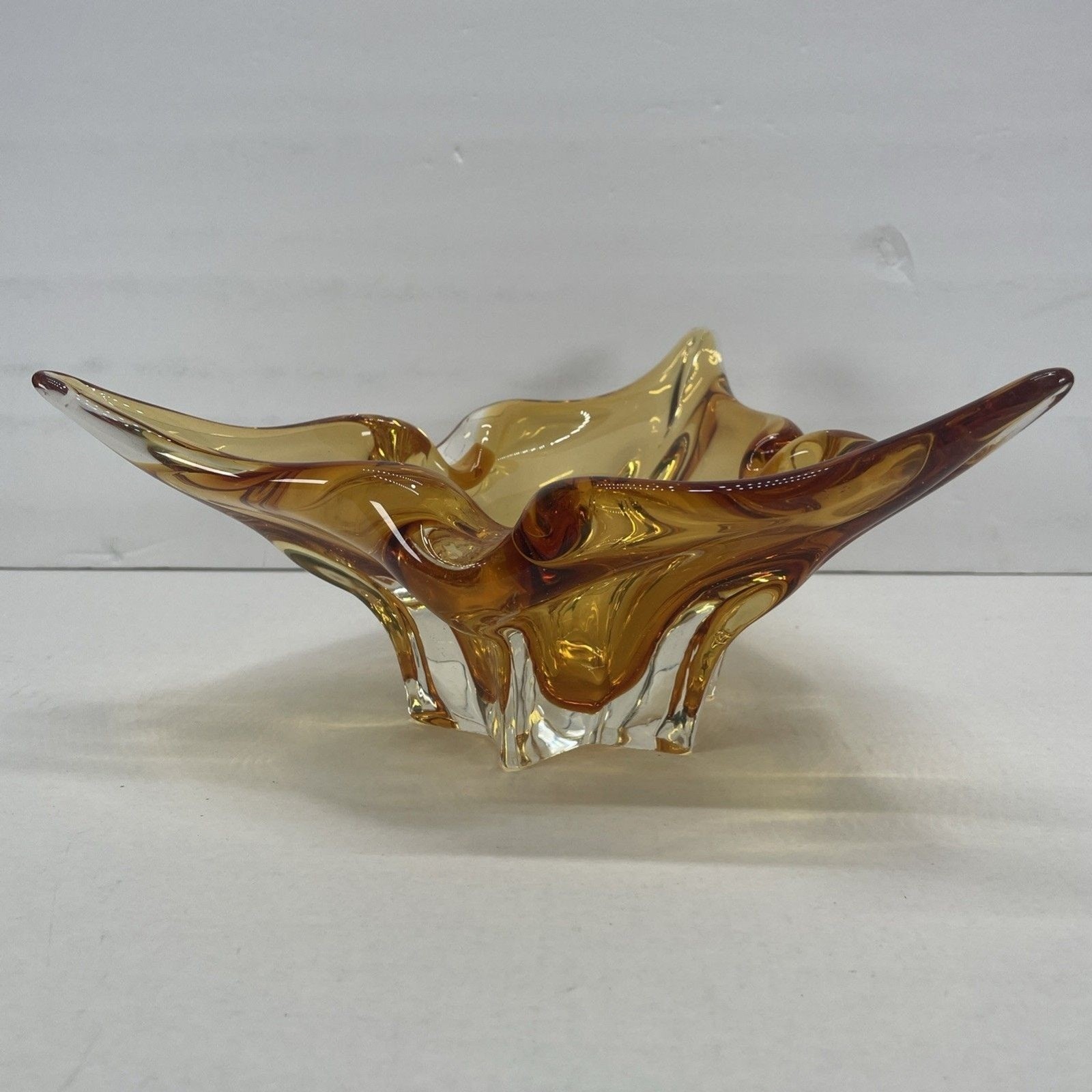 VTG MCM Chalet Amber Clear Canadian Art Glass Bowl Ashtray 5 in (H) x 10 in (L)