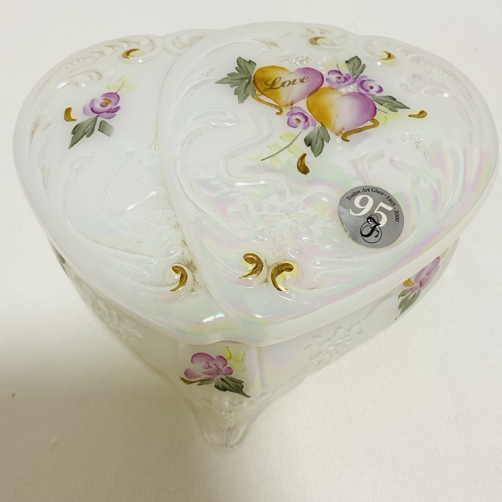 Fenton Double Heart Music/Trinket Box “LOVE” with Poem Handpainted & Signed Rare