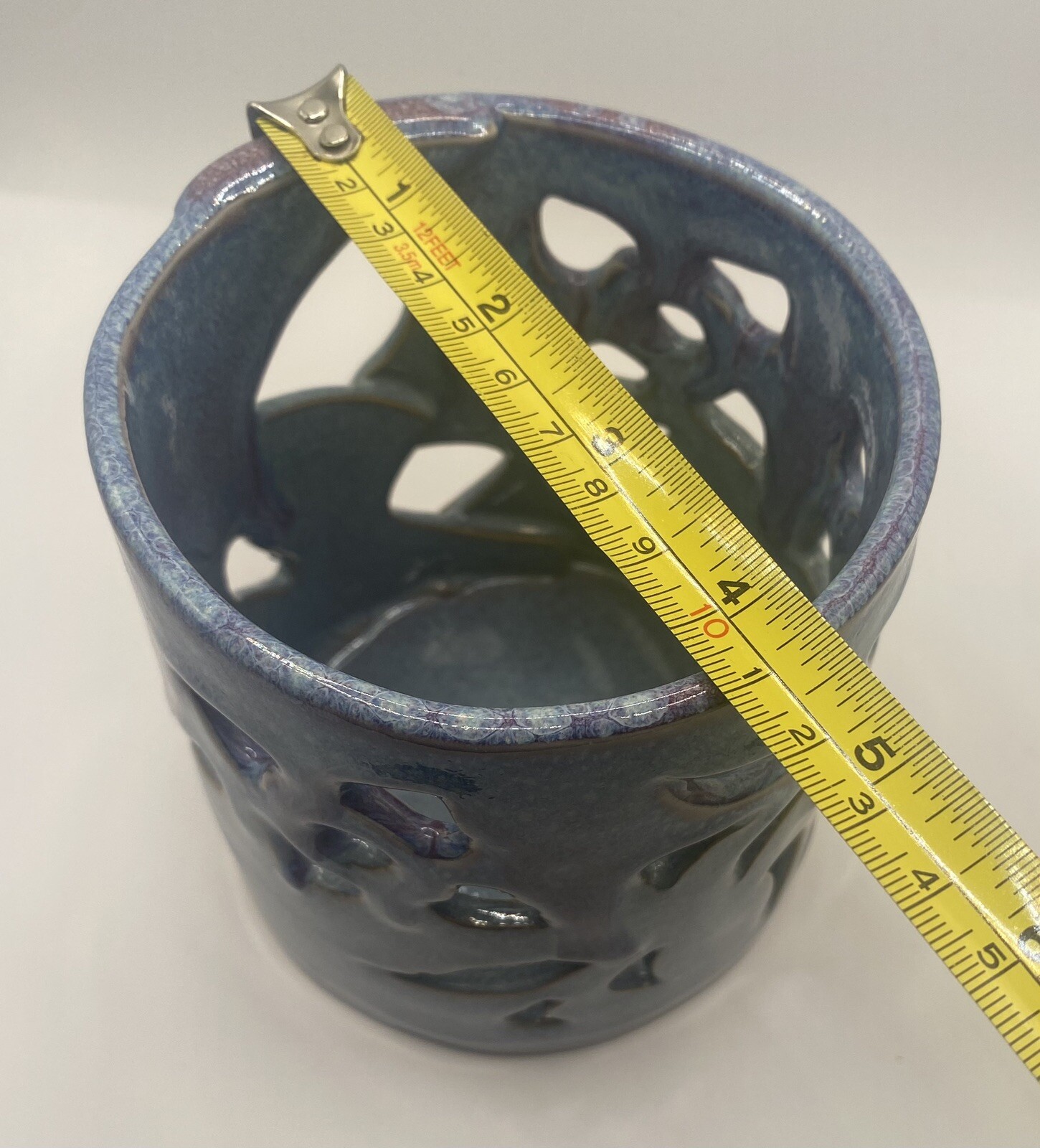 Bay Pottery Studio Art Candle Holder Luminaria Cut Out Floral Detail Purple