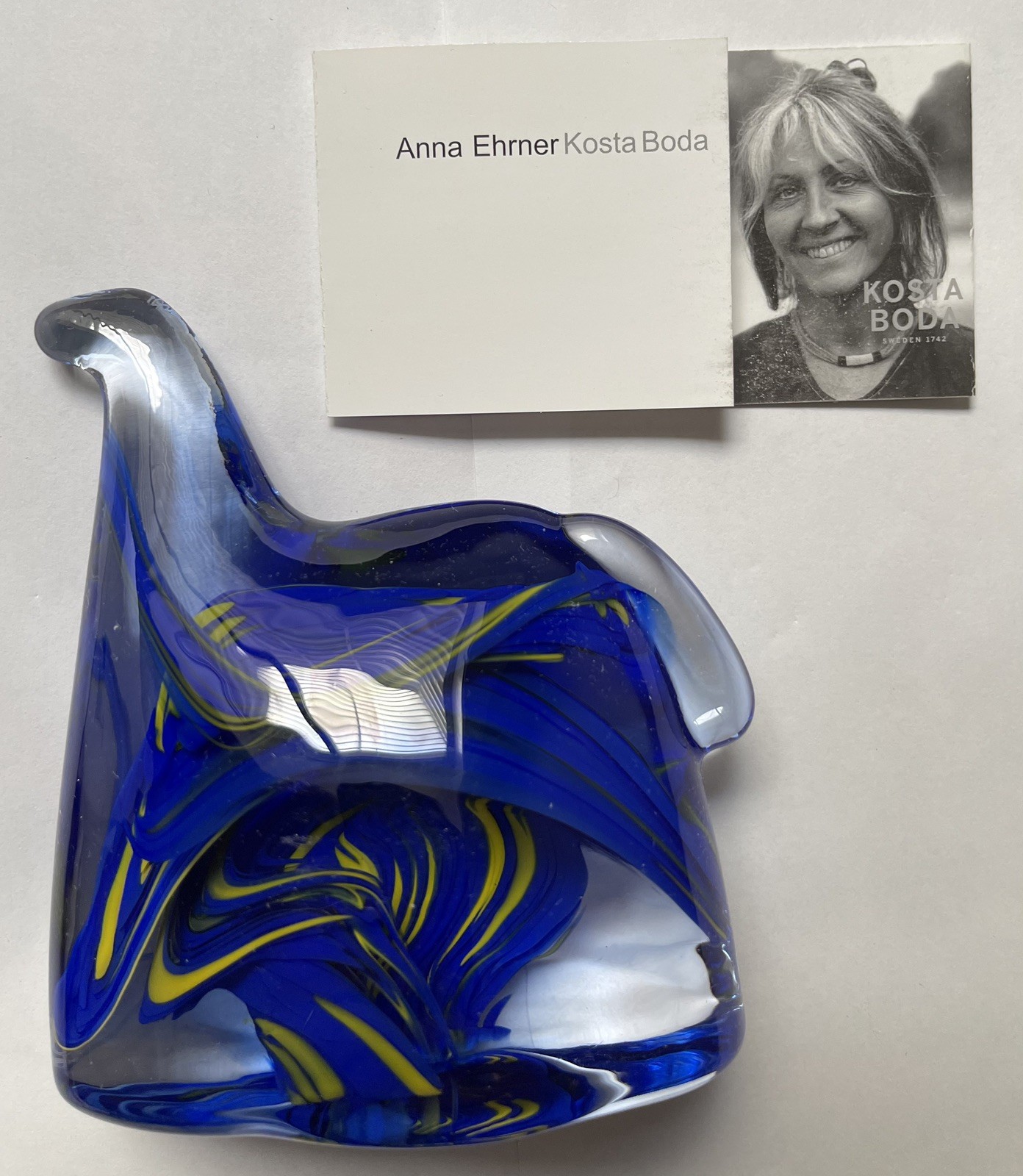 Kosta Boda Swedish Horse Art Glass Figure w/ Cobalt Blue & Yellow Swirls Sweden