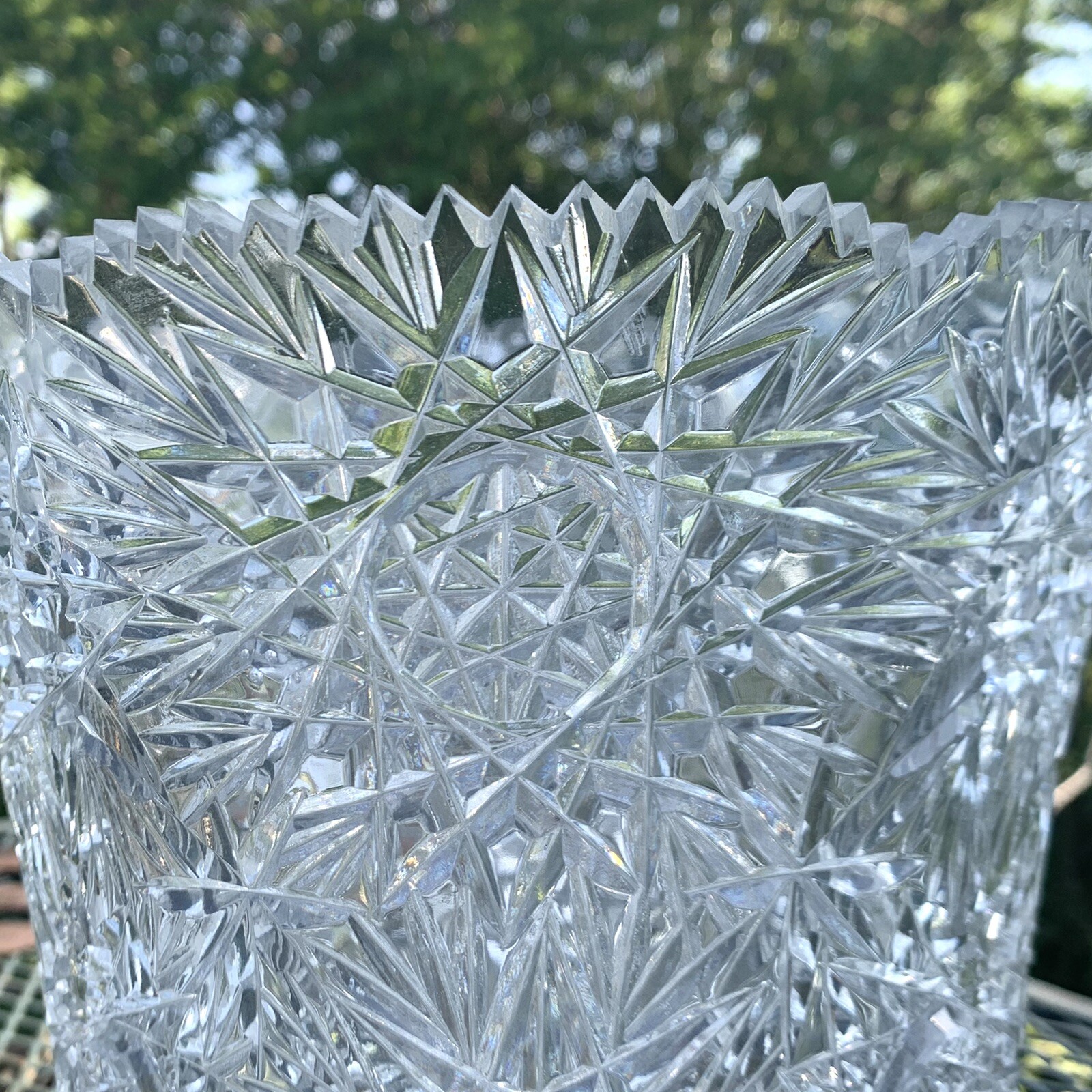 AMERICAN BRILLIANT ABP Large Cut Glass VASE HOBSTAR 9.75” VINTAGE