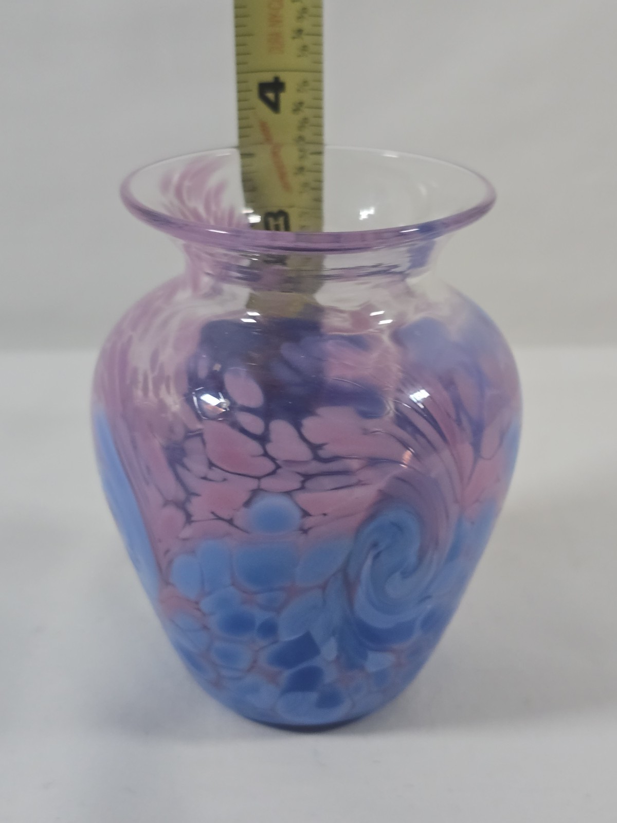 Blue Pink Swirl Studio Art Glass Vase signed by Artist glass Is 4.5″T X 2.5″W