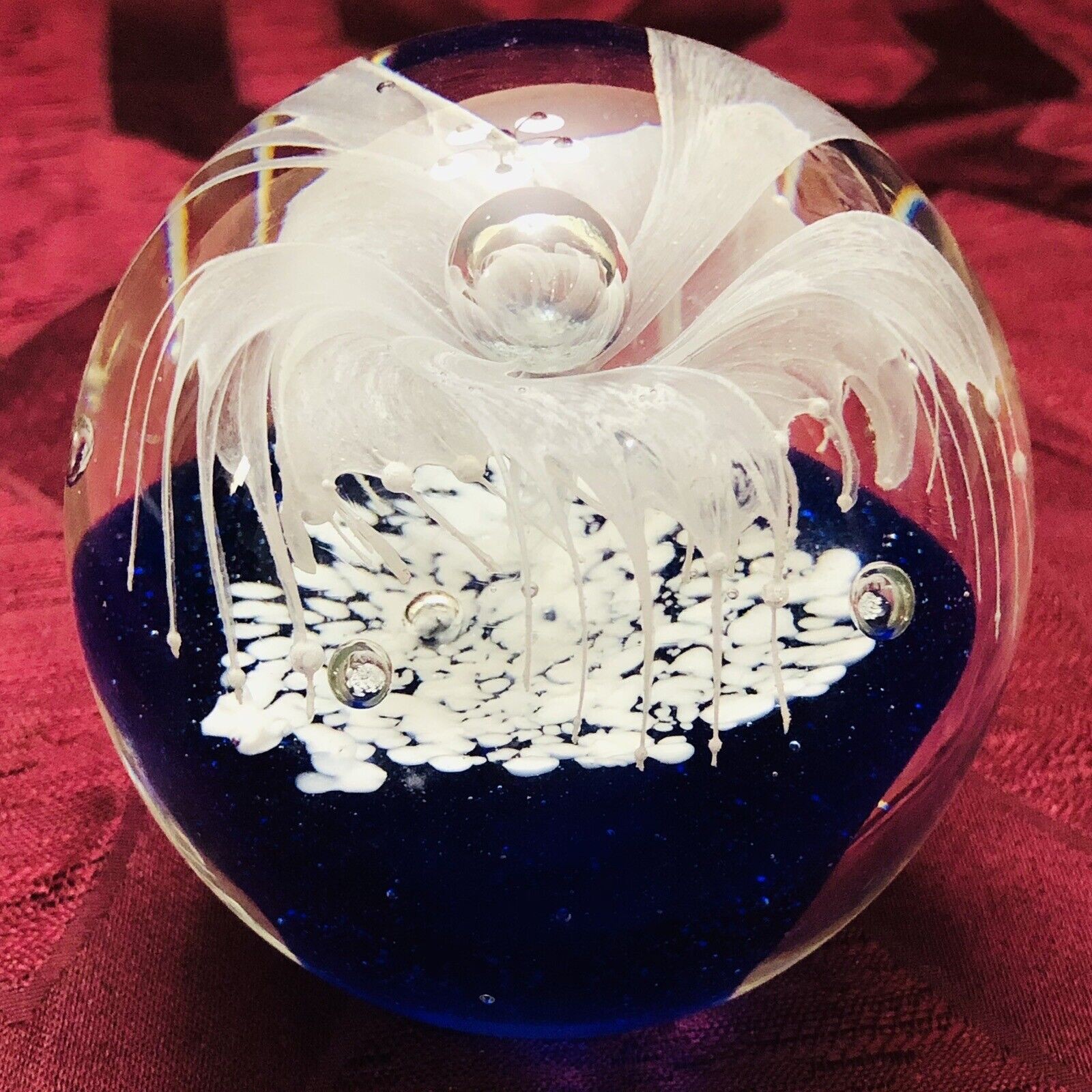 Blown Art Glass Paperweight White Lily Flower Cobalt BL. Silvestri Gift Decor ￼￼