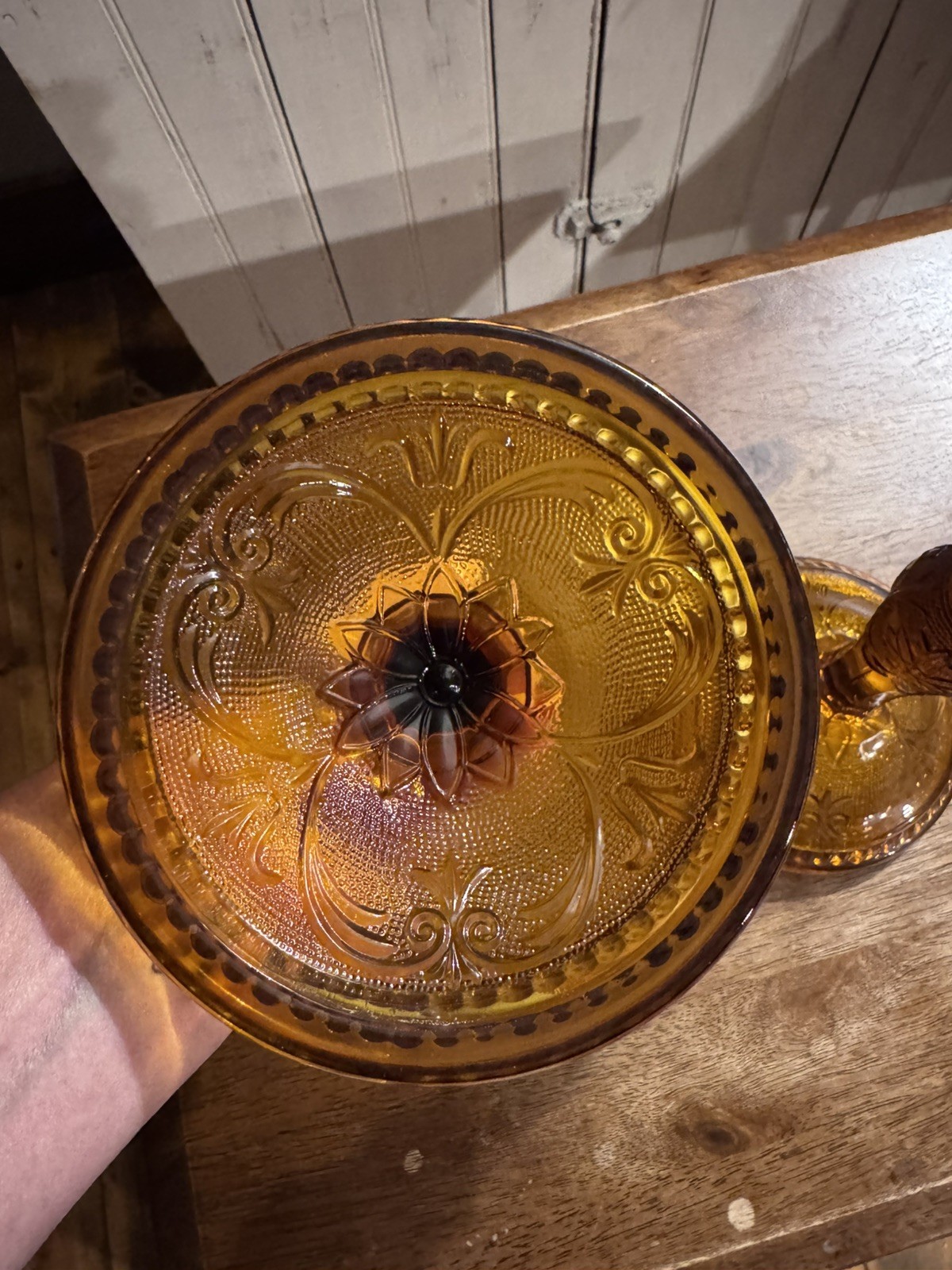 Tiara Indiana Glass Amber Daisy Mid century Candlesticks