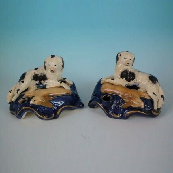 Pair Staffordshire spaniels with hare inkwells