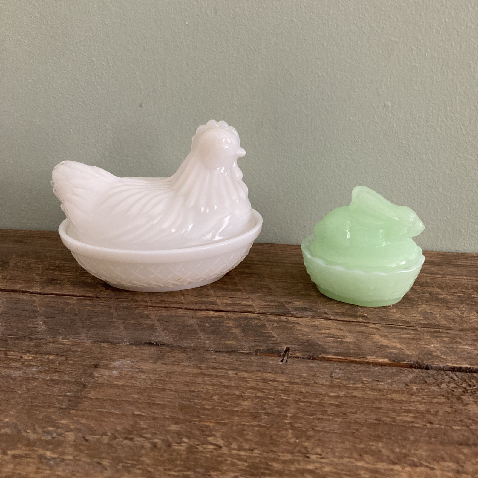 Jadeite Rabbit Bunny On Nest 2.5” & Translucent Milk Glass Hen On Nest 4.5”