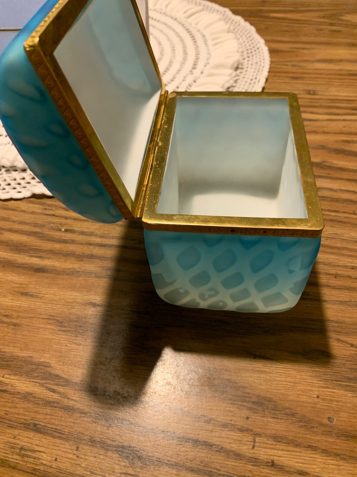 , French Opaline Blue Glass Box Hinged Brass Vintage Jewelry