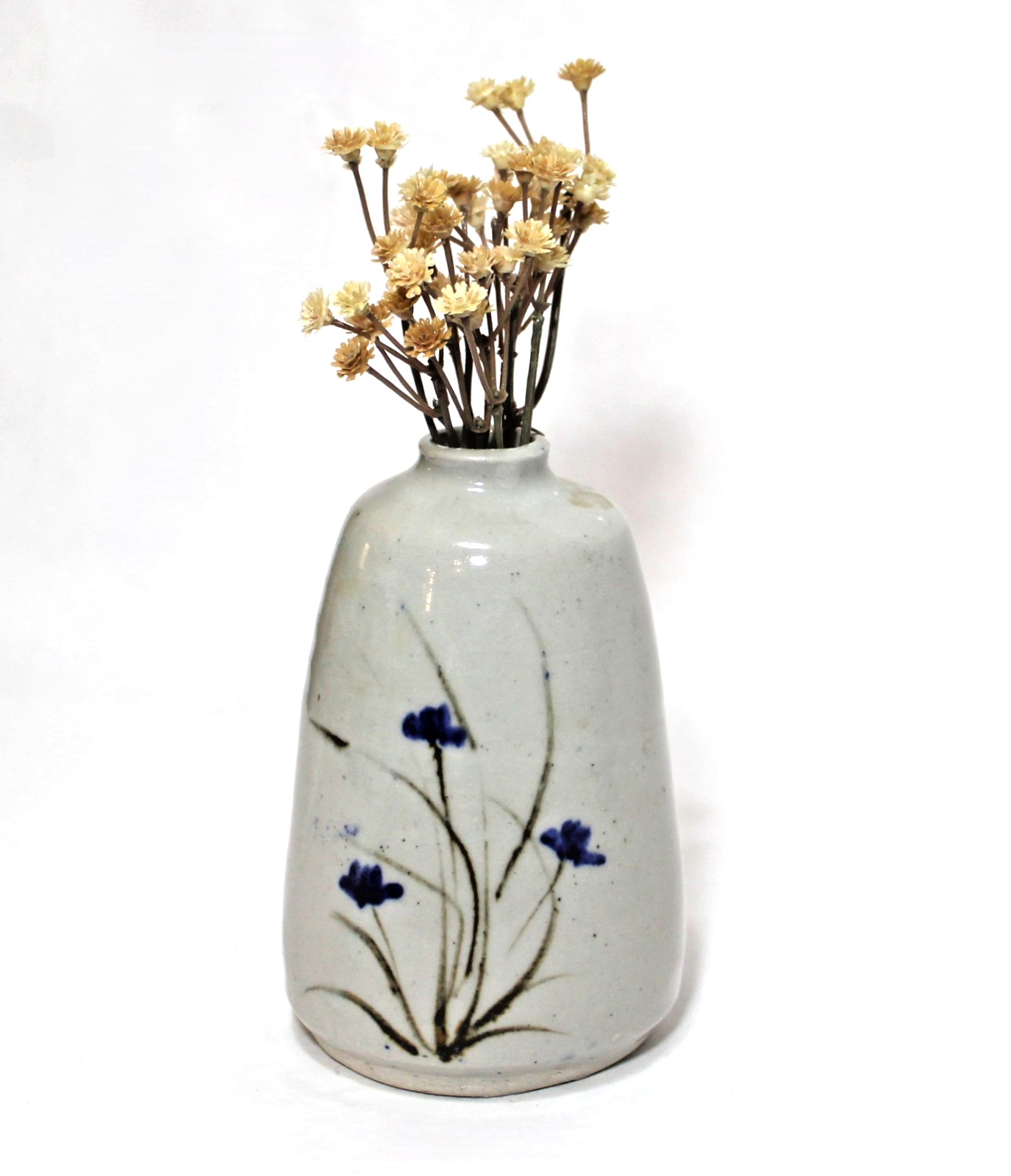 Artist Signed Pottery Vase Weed Pot Speckled Grey Hand Painted Wild Flowers