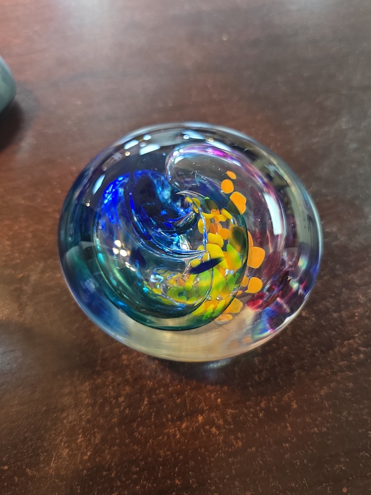 Jim Karg Signed Studio Art Glass Paperweight – Multicolor Swirl” Hand Blown