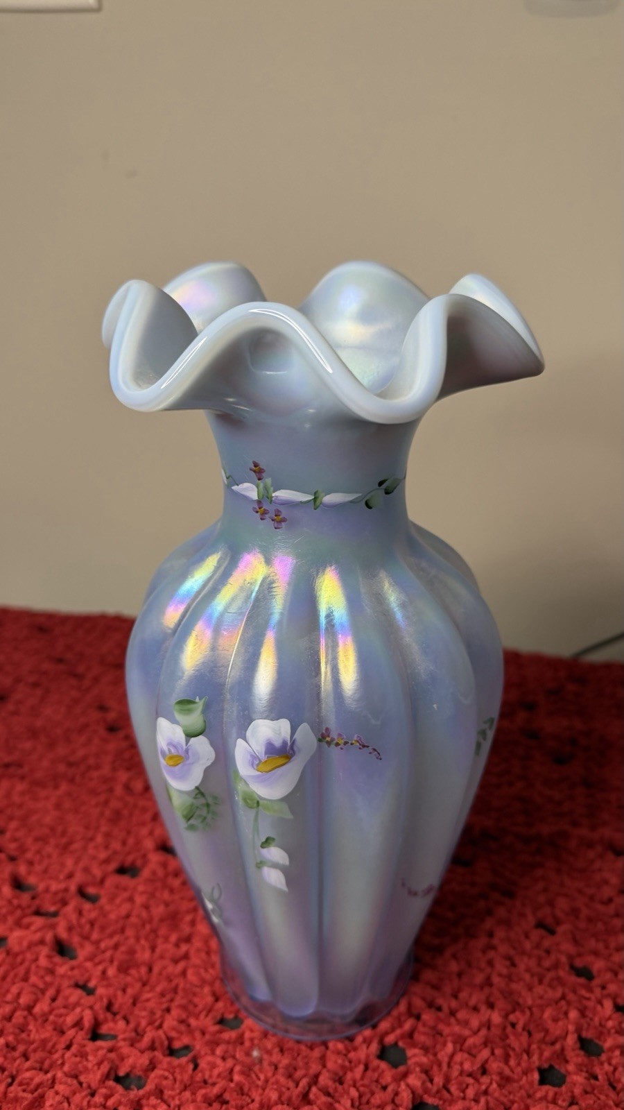 Signed Hand Blown Iridescent Blue Art Glass Vase 10” Ruffled Rim Floral 1997