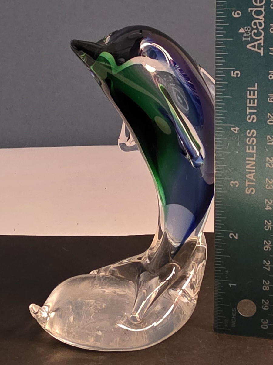 Art Glass Dolphin Figurine Paperweight 6” Green Blue Clear Unbranded