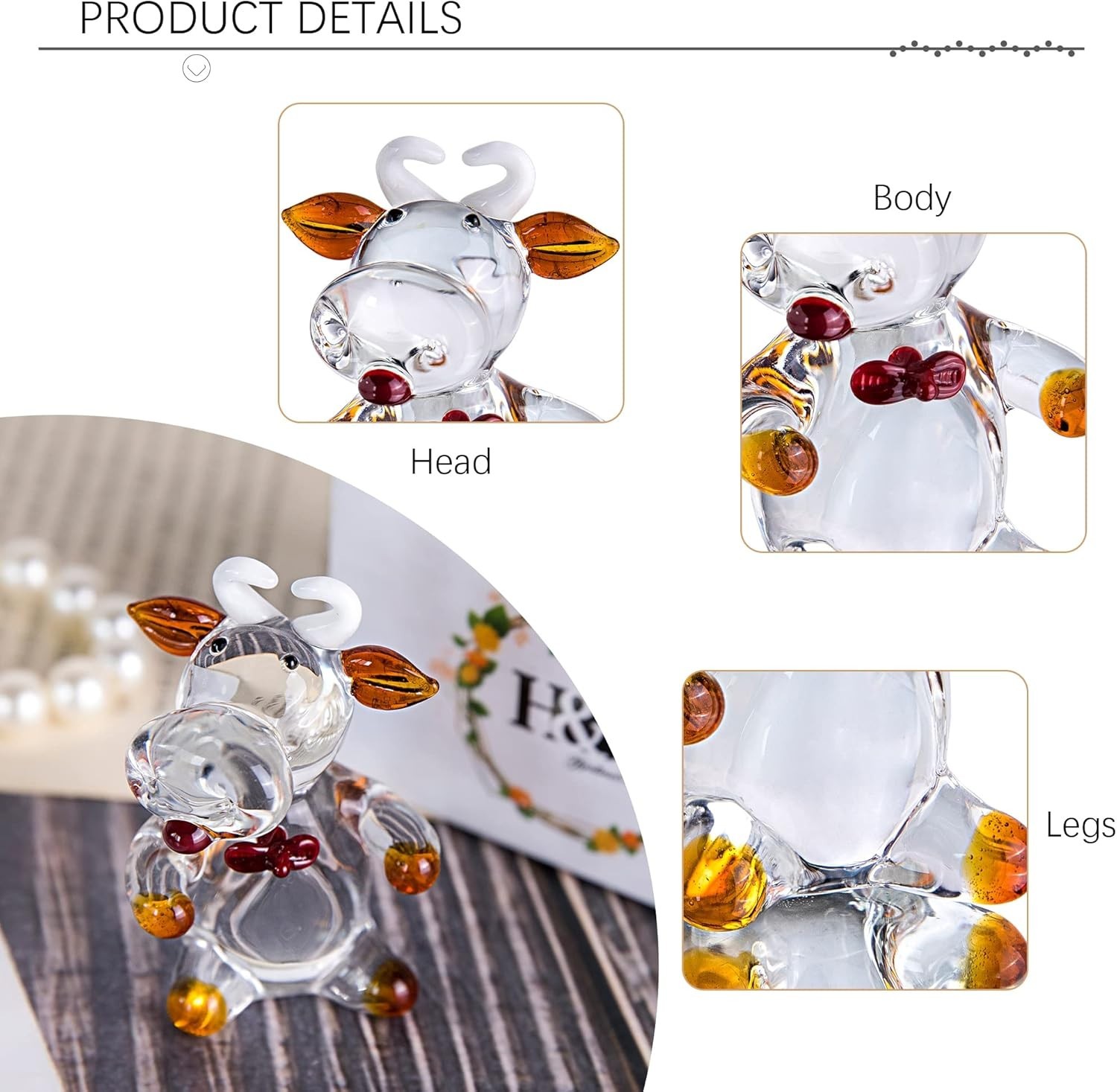 2.5″ Mini Cow Sculpture Hand Blown Glass Animal Art Farm Figurine Animals Miniat