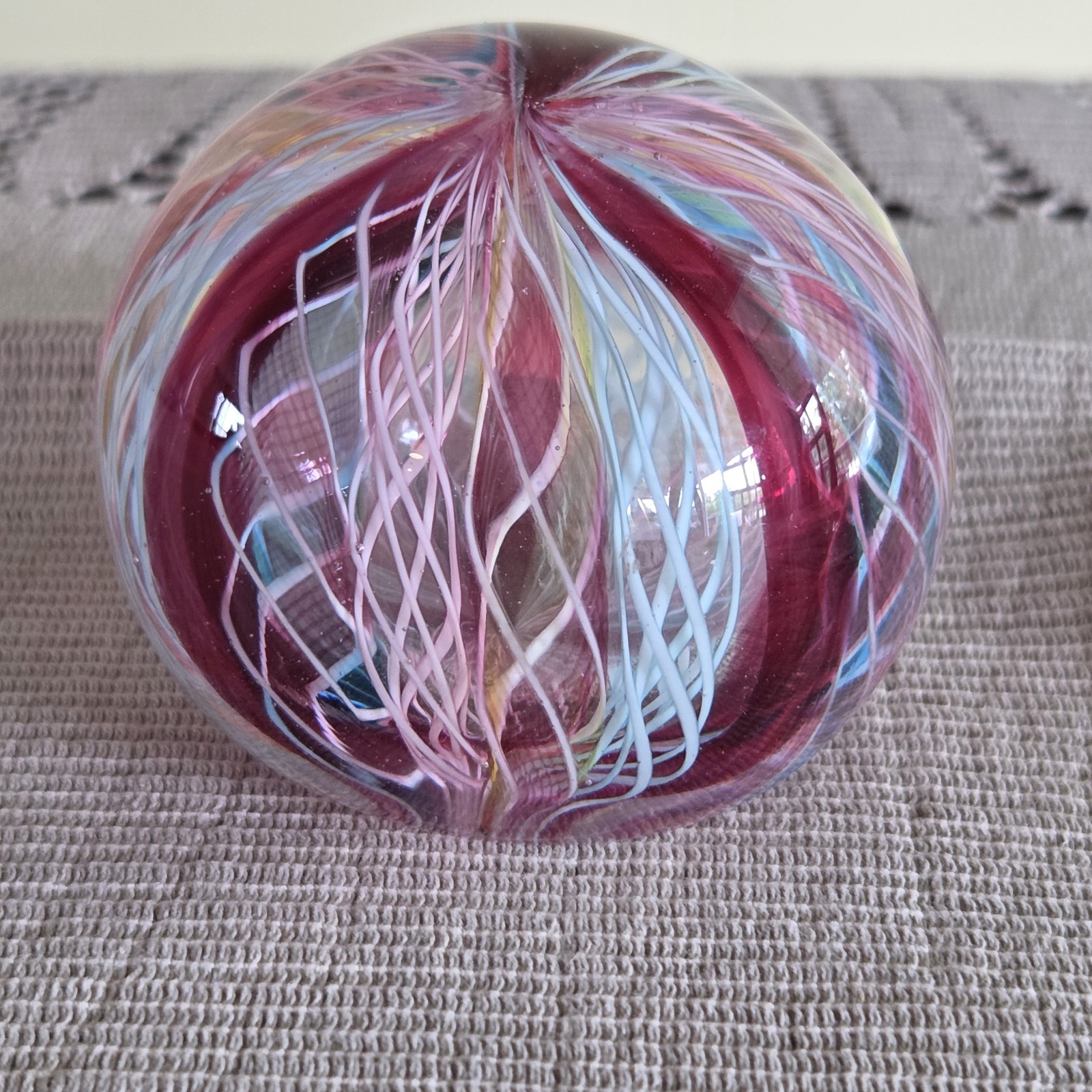 Vintage Latticinio Ribbons Murano Hand Blown Art Glass Paperweight 2.25″