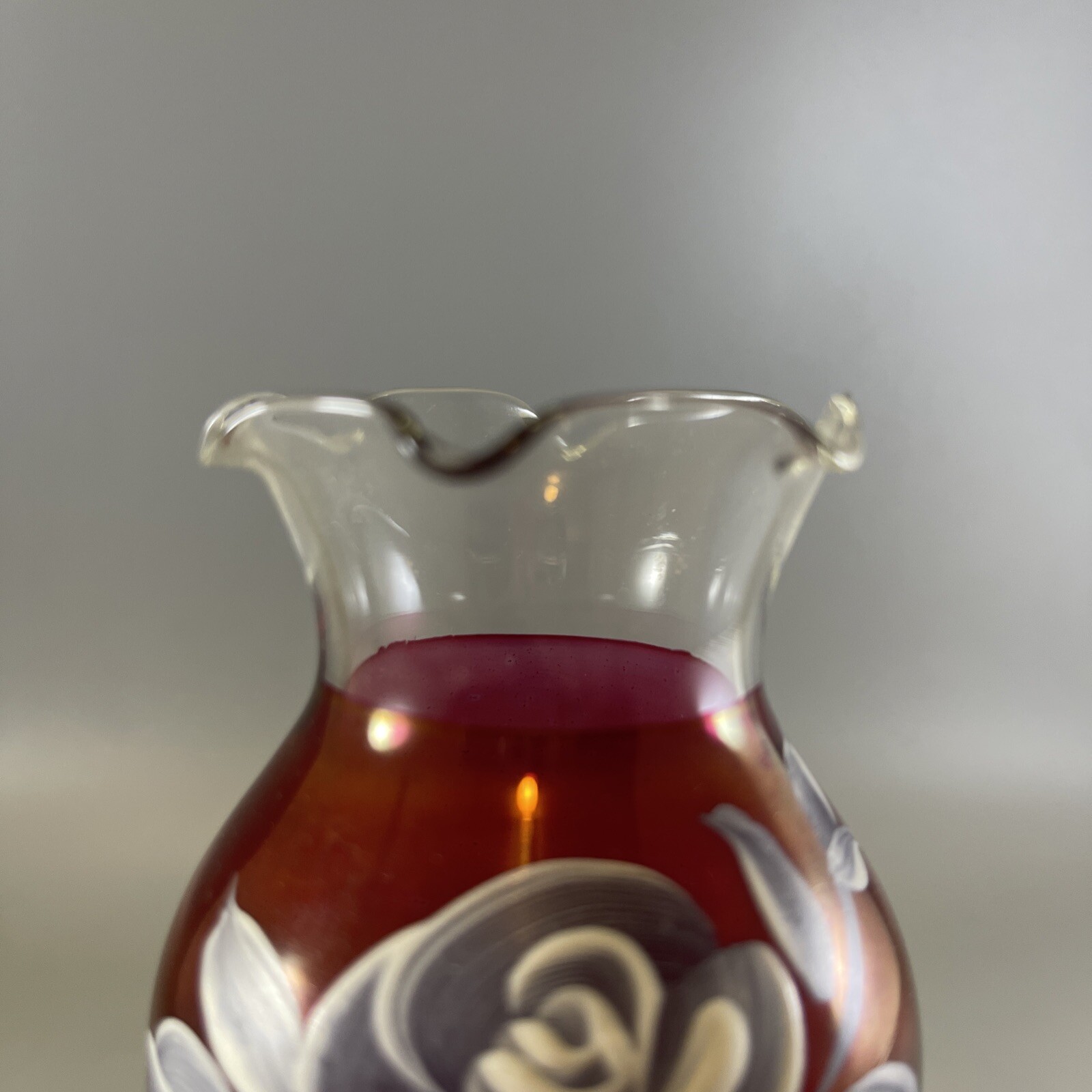 Westmoreland Glass Ruby Flash Red Vase Hand Painted Rose 5.5 In. Tall Vintage