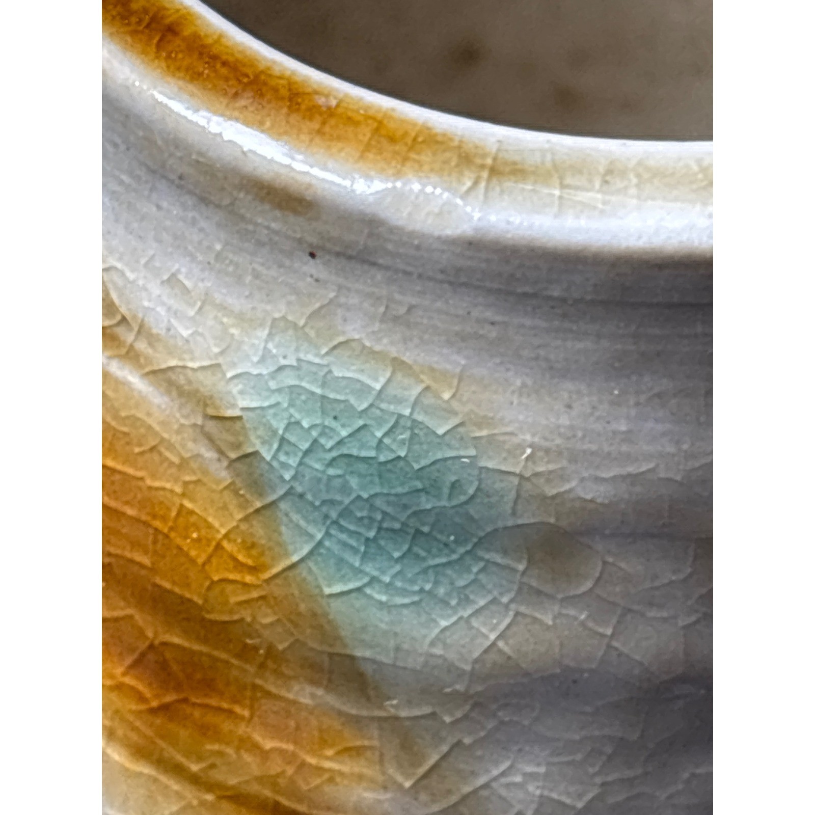 Japanese Stoneware Pottery Ribbed Cylinder Vase Crackle Glaze Amber Green Cream