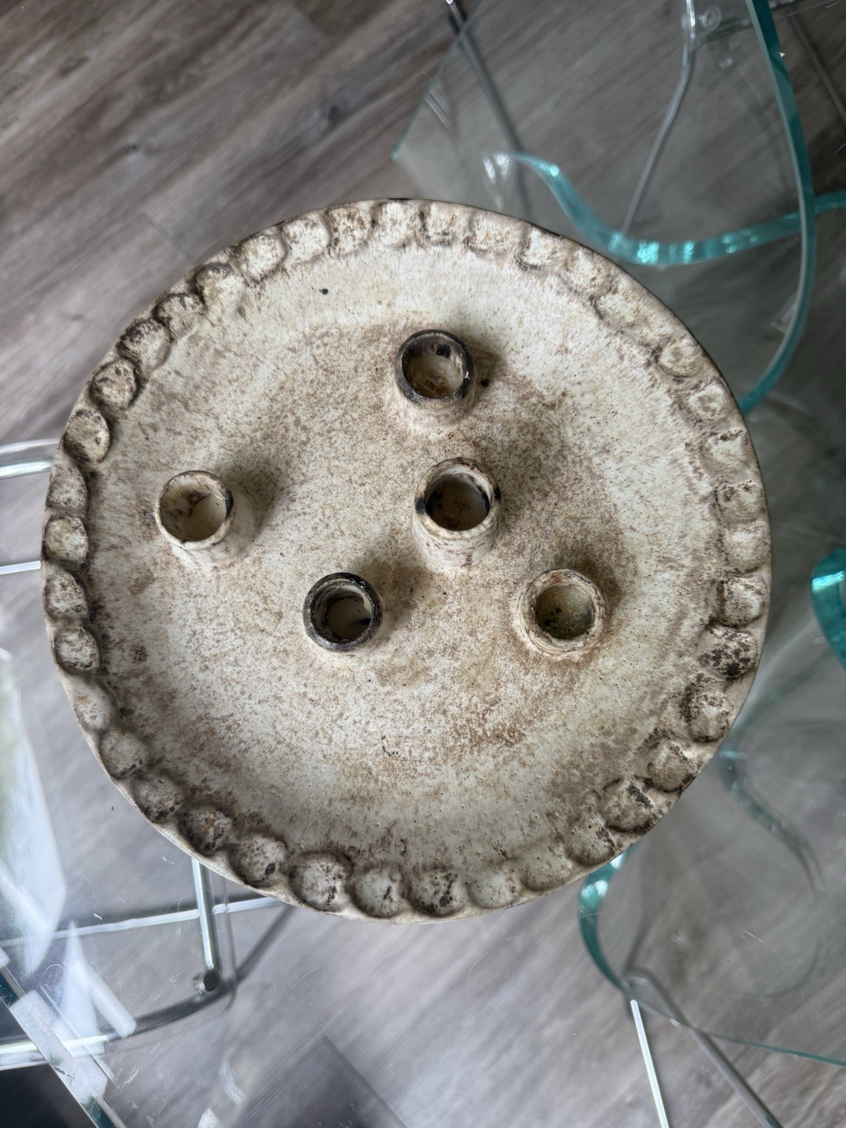 Vintage McCarty Pottery 5 PIPE HOLE Candle Holder Plate Thumbprint 9.5″ Nutmeg