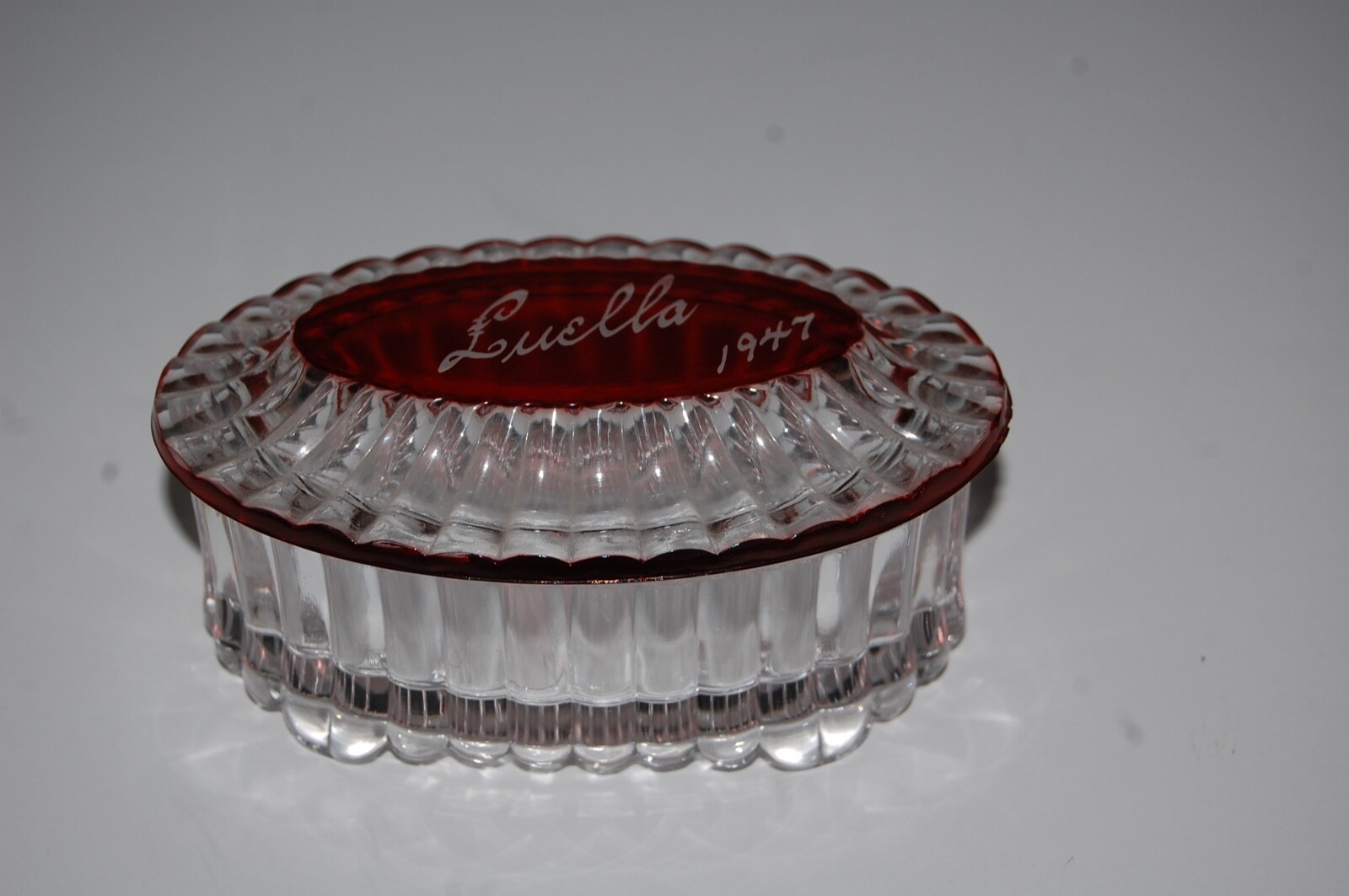 Vintage Ruby Stain Flash Glass Souvenir Covered Vanity Dresser Box 1947 LUELLA