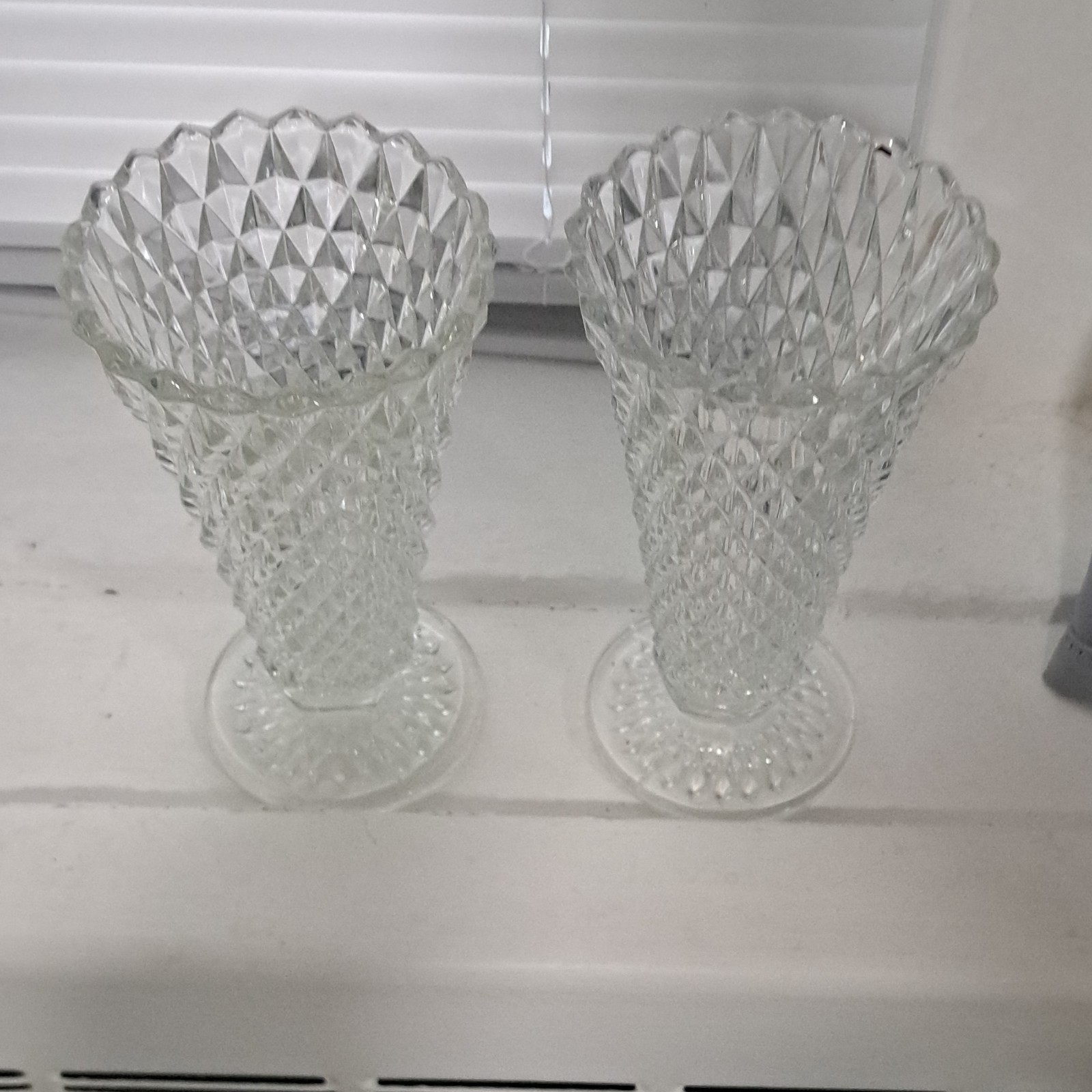 Pair of Clear Pressed Glass Vases with Diamond Pattern, Decorative, Textured