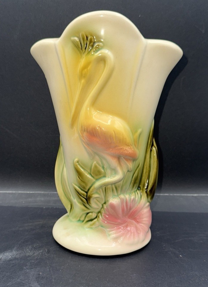 Vtg Hull Pottery 9″ Flamingo Heron Crane Hibiscus Vase #78 USA Yellow Green Red