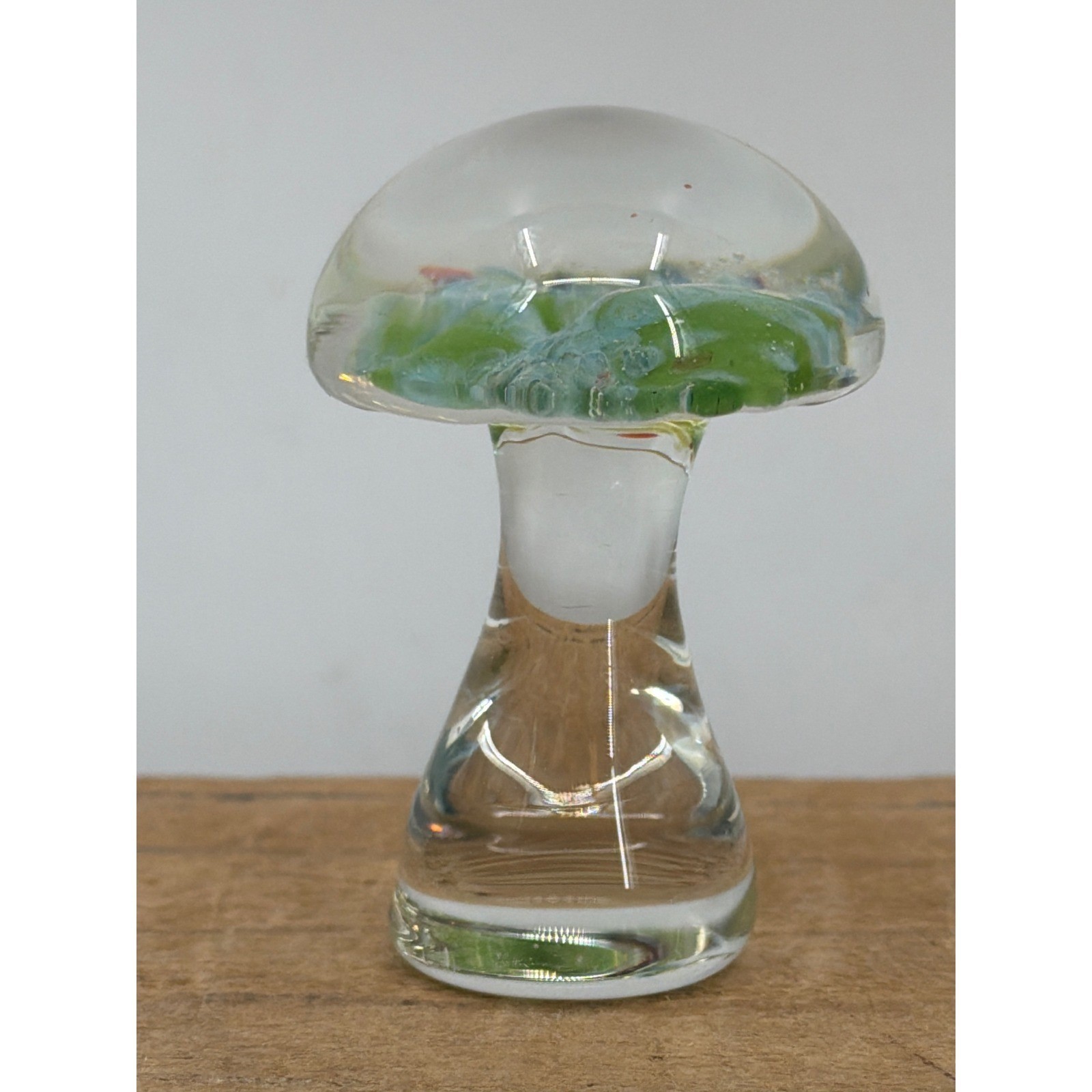 Vintage Hand Blown Art Glass Mushroom Clear Green Blue Swirl 2″