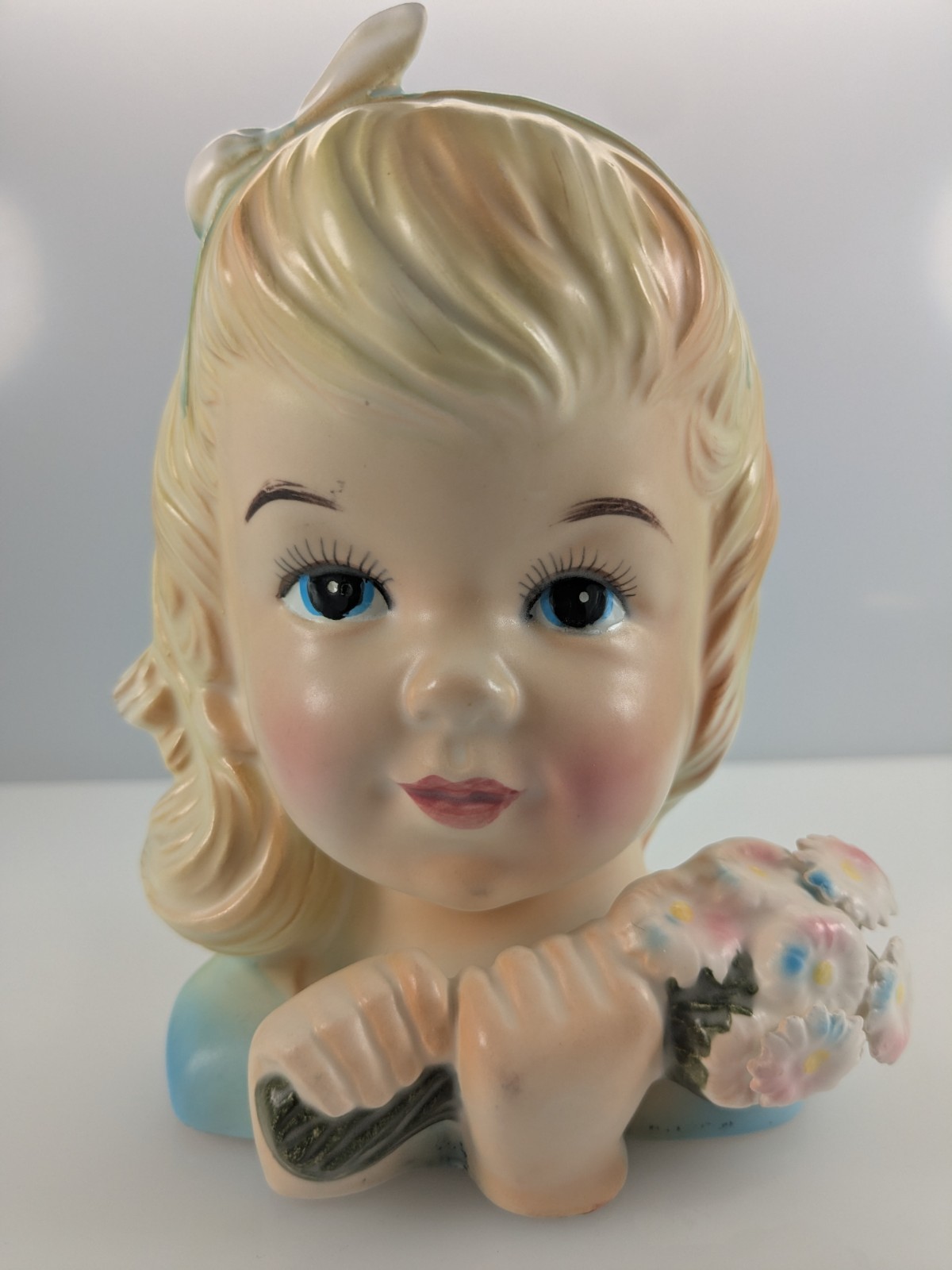 Vintage Lady Head Vase Girl Japan Puffy 3D Pastel Bouquet & Blue Tie Hair Ribbon