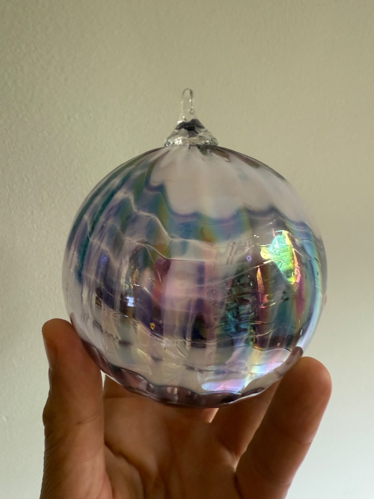 Hand Blown Art Glass Ball approx. 4” Suncatcher Blue Swirl ornament