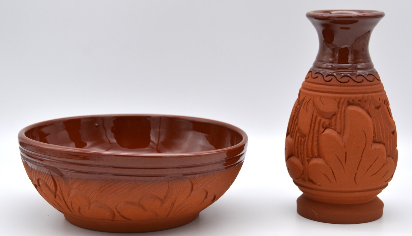 Pandehis Carved Pottery Bowl And Vase Set Hand Made In Cyprus